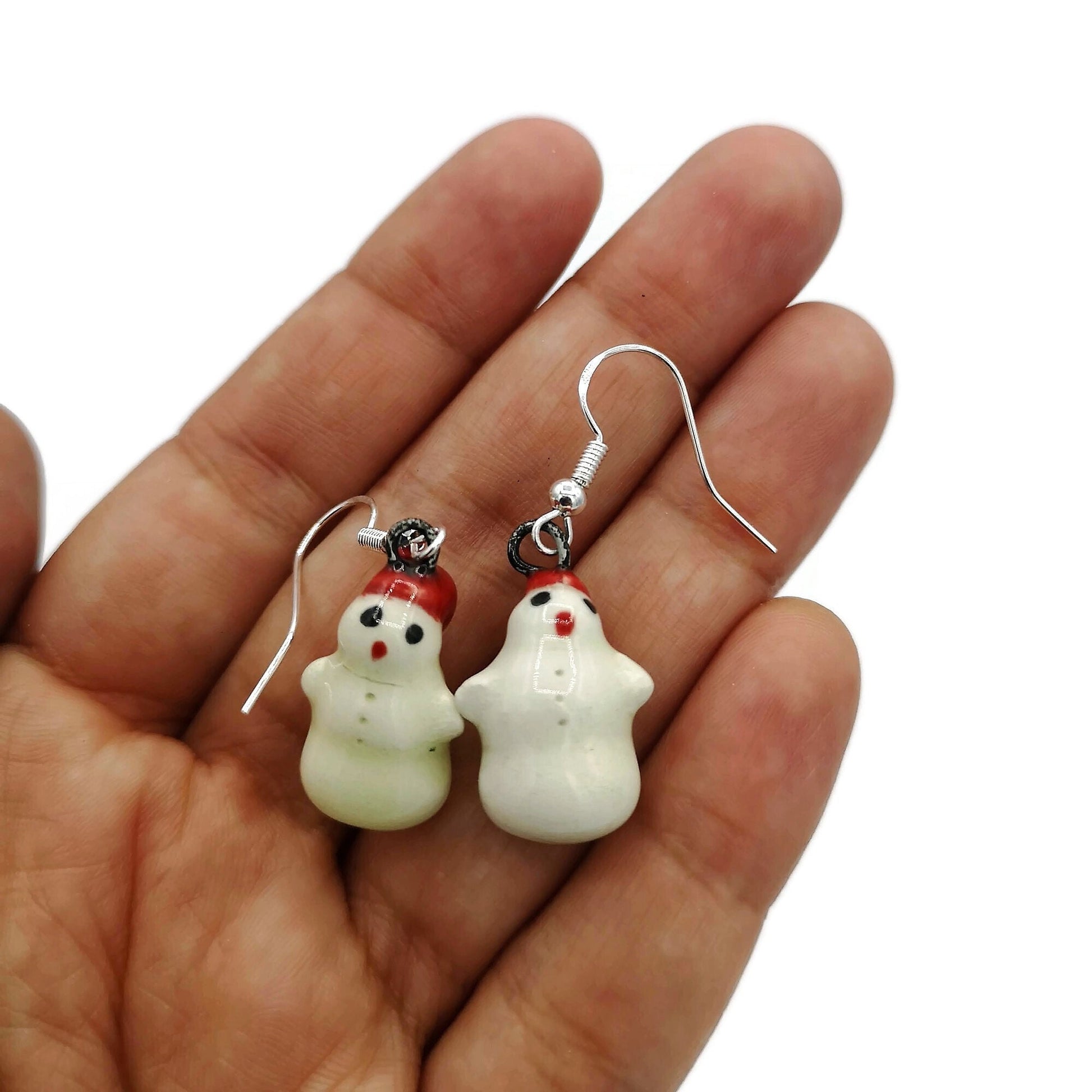 Handmade Ceramic Snowman Earrings, Cool Dangle Earrings, Cute Jewelry Best Gift For Her, Niece Gift From Aunt, Christmas Earrings, Clay - Ceramica Ana Rafael