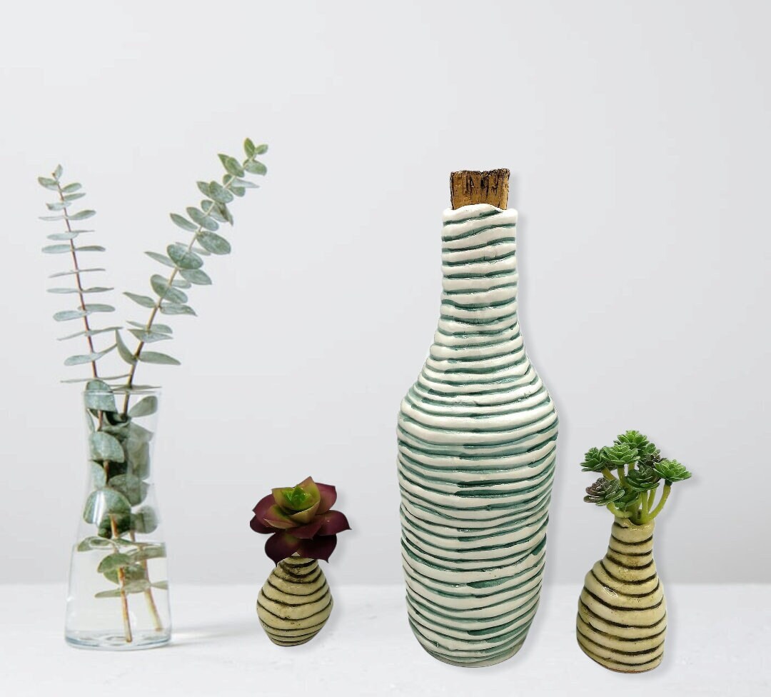 Handmade Ceramic Decorative Bottle With Natural Cork Stopper, White And Green Artisan Portuguese Pottery For Home Decor Unique Textured Vase - Ceramica Ana Rafael
