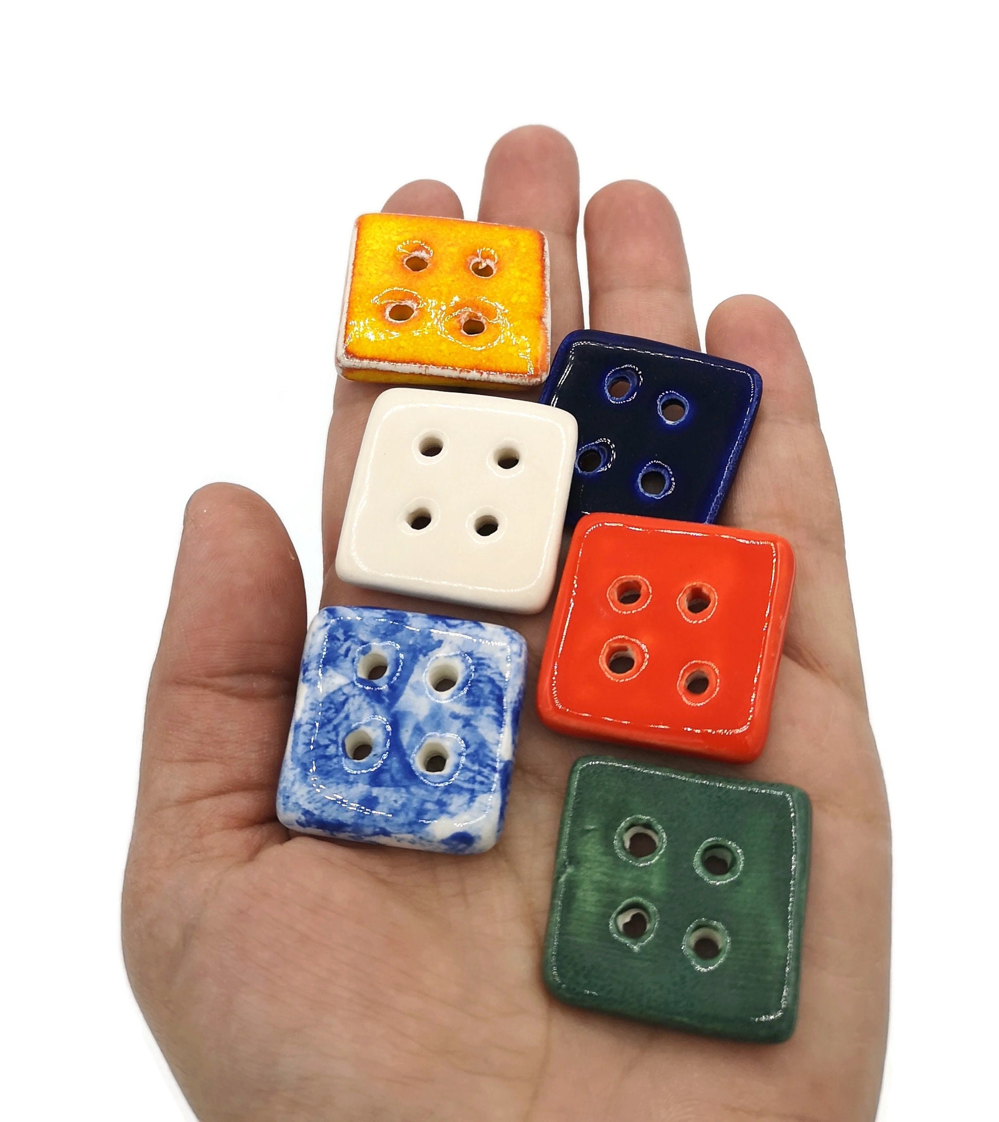6Pc 30mm Handmade Ceramic Extra Large Sewing Buttons, Novelty Buttons For Crafts, Unusual Square Colourful Buttons For Coat Or Jacket - Ceramica Ana Rafael