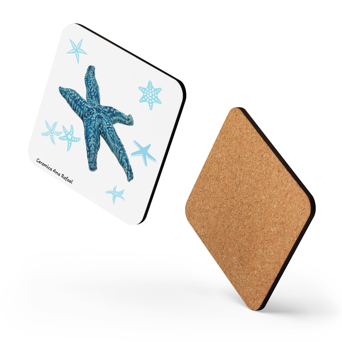 1Pc Blue Starfish MDF Cork-back Coaster With Printed Handmade Ceramic Starfish, Square With Rounded Corners, Office Desk Accessories For Him