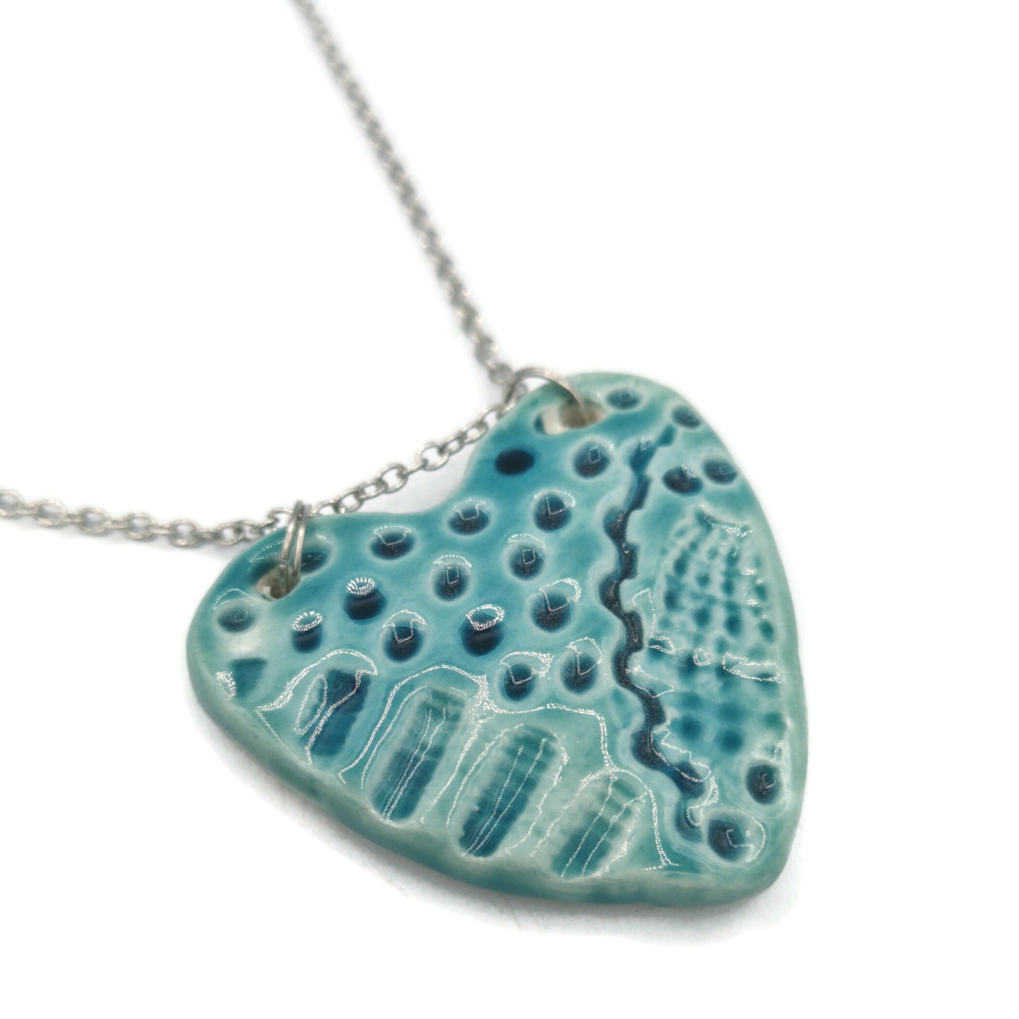 Handmade Ceramic Blue Heart Necklace Pendant For Women, Best Valentines Day Gift For Her, Boho Artisan Statement Jewelry For Wedding - Ceramica Ana Rafael