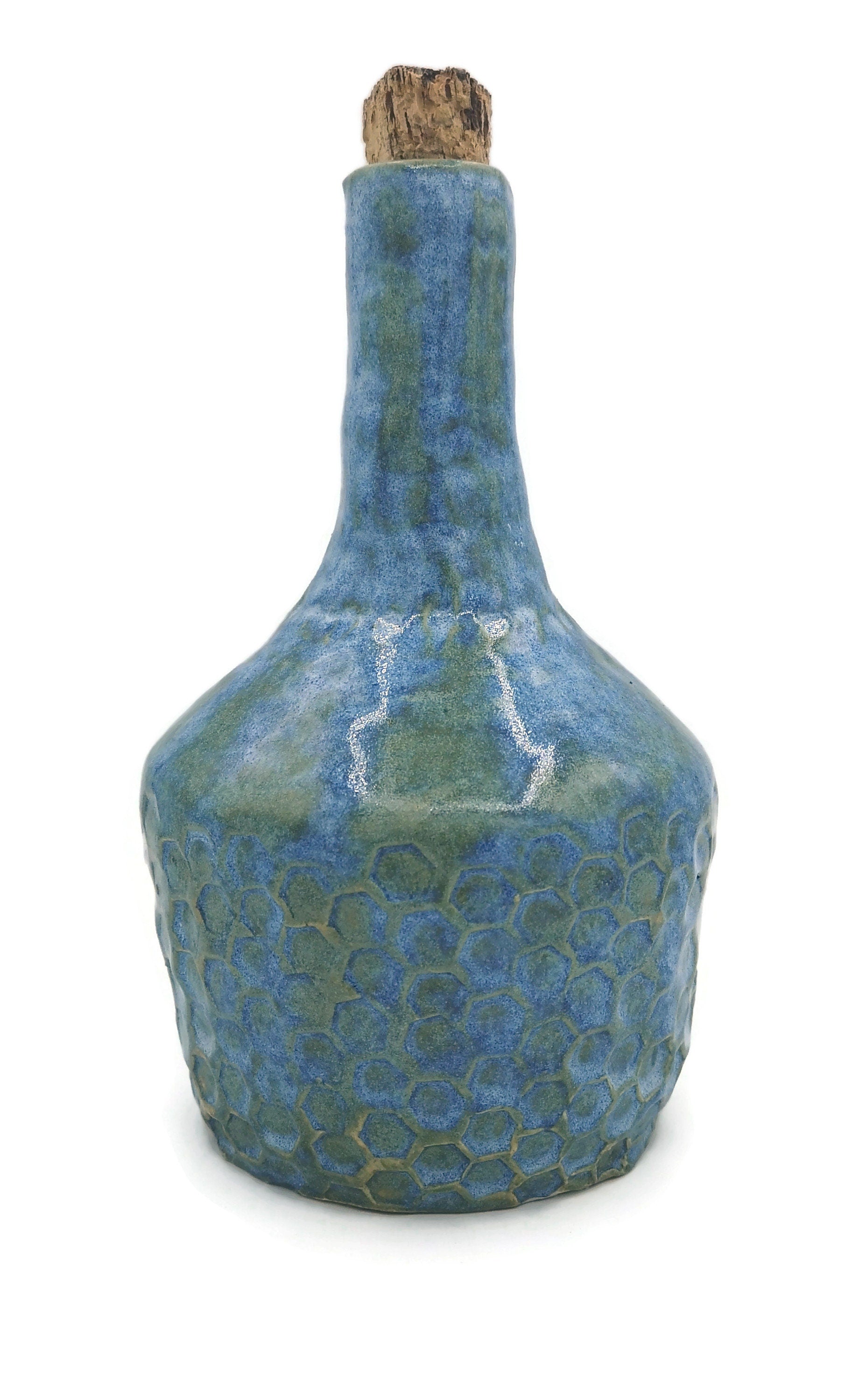 Blue Handmade Ceramic Bottle With Decorative Natural Cork Stopper, Sculptural Vase Honneycomb Texture For Rustic Home Decor - Ceramica Ana Rafael