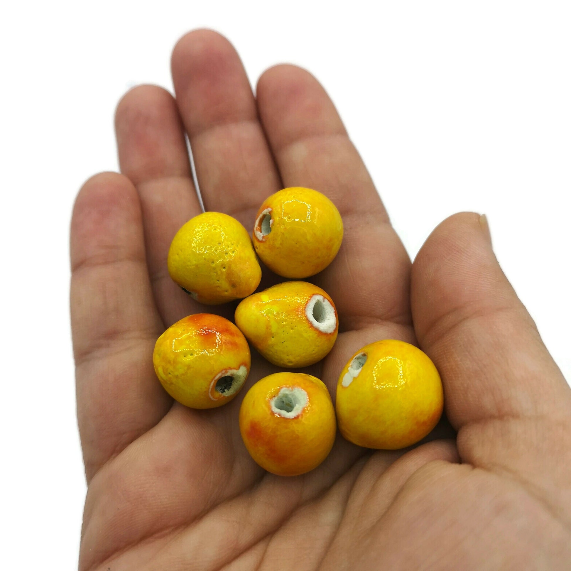6Pc 15mm Handmade Ceramic Beads For Jewelry Making, Colorful Orange Decorative Craft Beads, Macrame Beads Large Hole 2mm, Round Clay Beads - Ceramica Ana Rafael