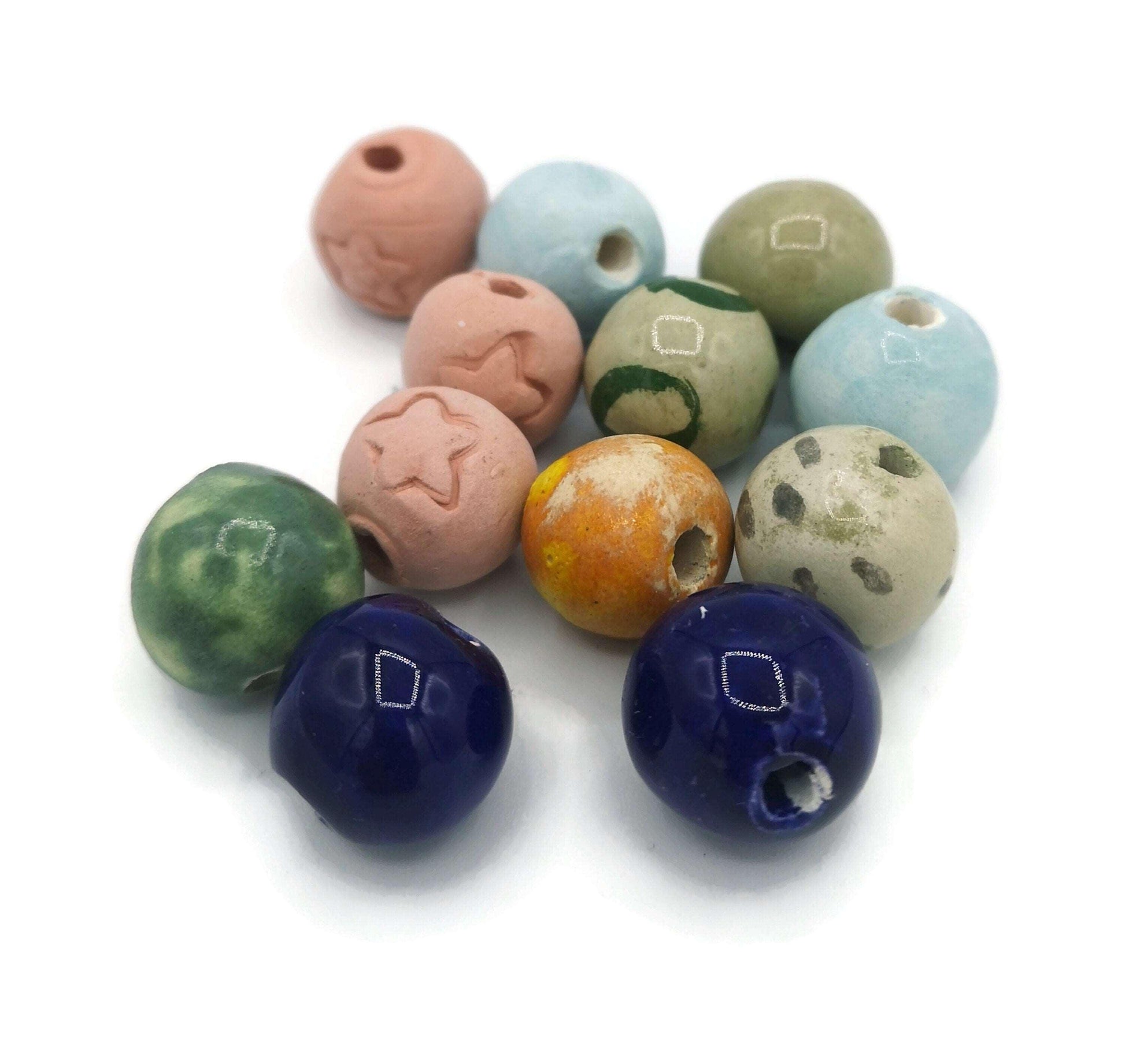 12Pc Handmade Ceramic Beads For Jewelry making, Round Mixed Clay Beads For Crafts,Decorative Macrame Beads Large Hole 2mm, Assorted Beads