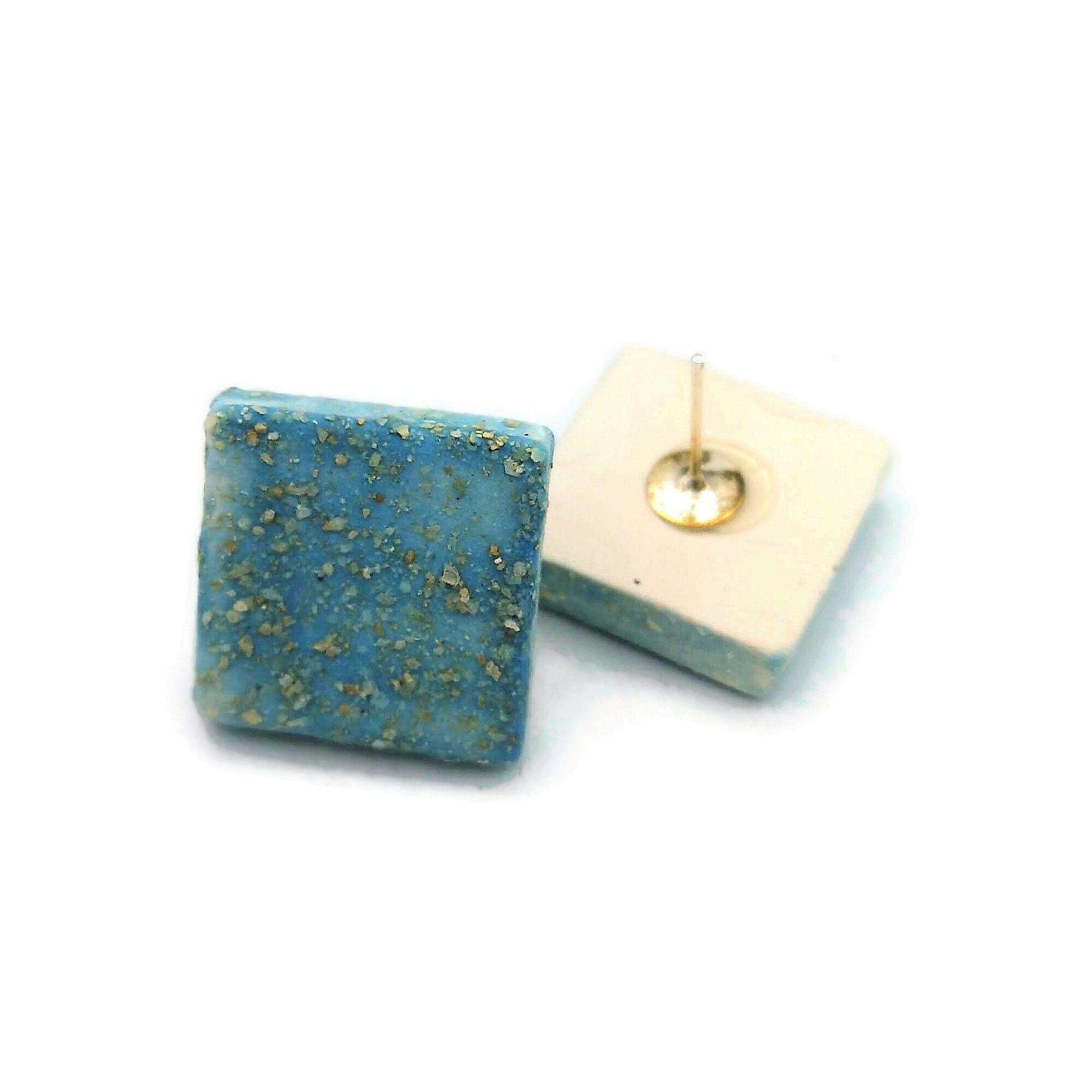 CLAY STUD EARRINGS, Geometric Earrings, Turquoise Studs, Sparkling Blue Designer Earrings, Easter Basket Stuffer Best Gifts For Her - Ceramica Ana Rafael