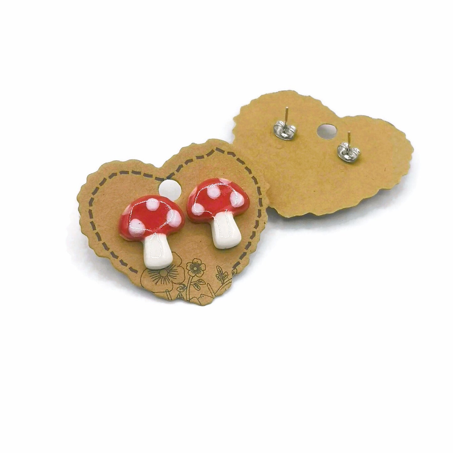 Handmade Red Mushroom Stud Earrings For Women, Clay Designer Earrings, Stocking Stuffer For Teen Girl, Ceramic Jewelry Best Gifts For Her - Ceramica Ana Rafael
