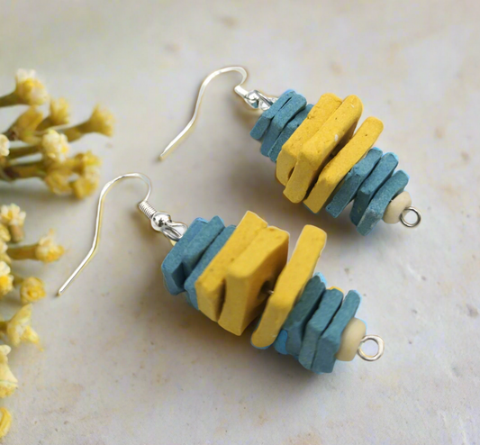 Blue and Yellow Handmade Ceramic Dangle Earrings – Sterling Silver Hooks for Women