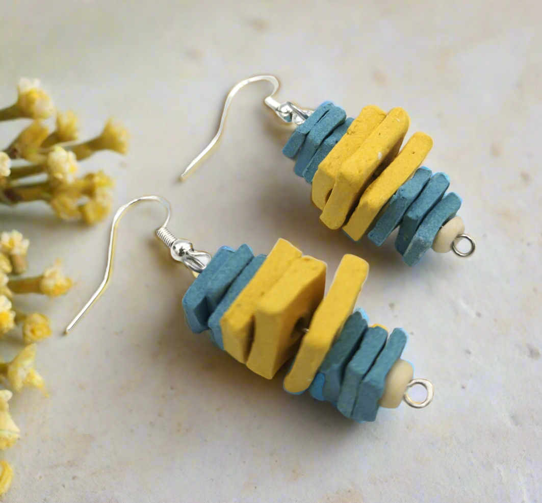 Blue and Yellow Handmade Ceramic Dangle Earrings – Sterling Silver Hooks for Women