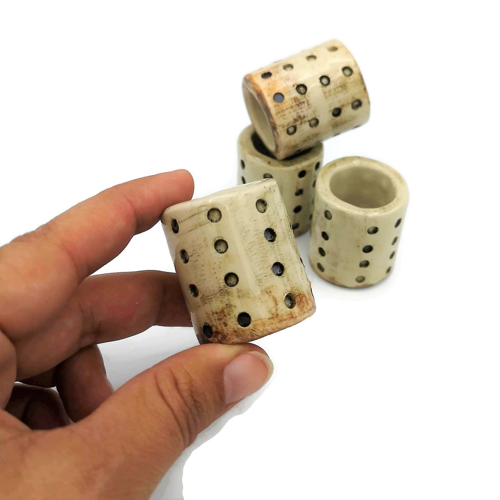 4Pc Large Beads 35 mm (1.4 inches). Rustic Ceramic Big Hole Tube Beads For Macrame, Chunky Beads Textured For Plant Hanger and Home Decor - Ceramica Ana Rafael