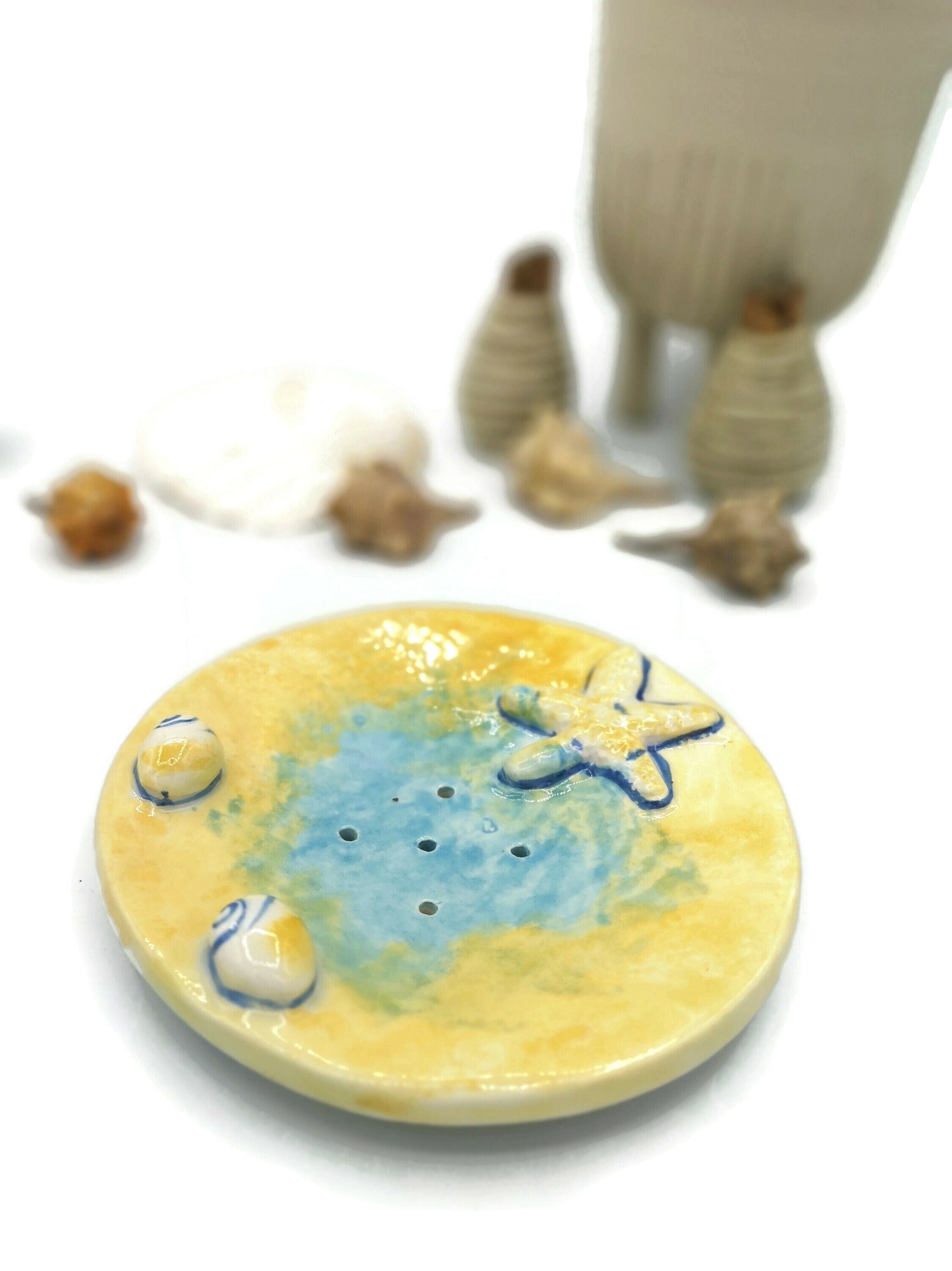 Handmade Ceramic Soap Dish Dispenser For Soap Bar With Drain Holes, Yellow Round Beach Themed Starfish Eco Friendly Bathroom Accessories - Ceramica Ana Rafael