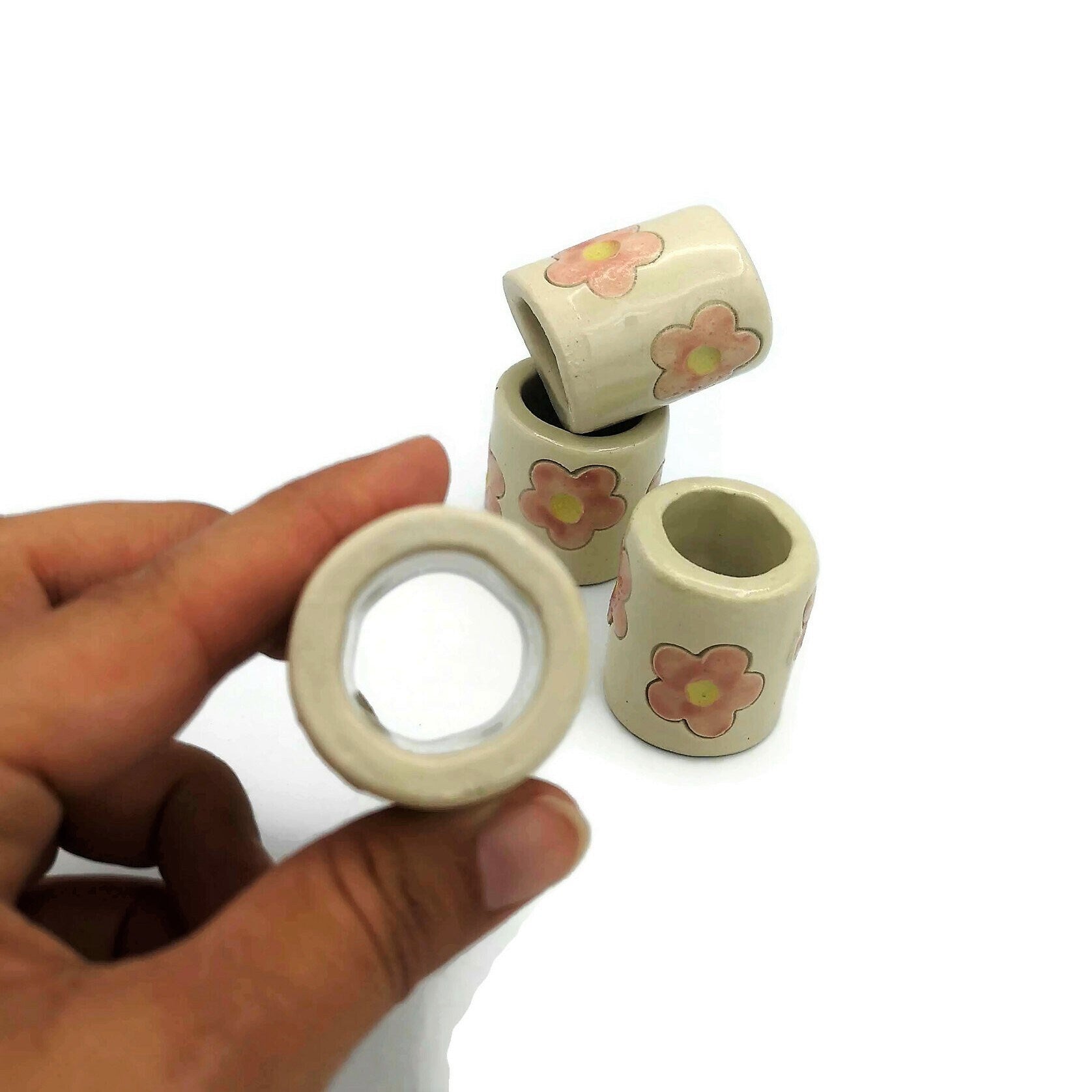 4Pc Hand Painted Flower Extra Large Tube Beads, Unique Clay Beads, 35mm Long Ceramic Beads, Decorative Macrame Beads Large Hole - Ceramica Ana Rafael