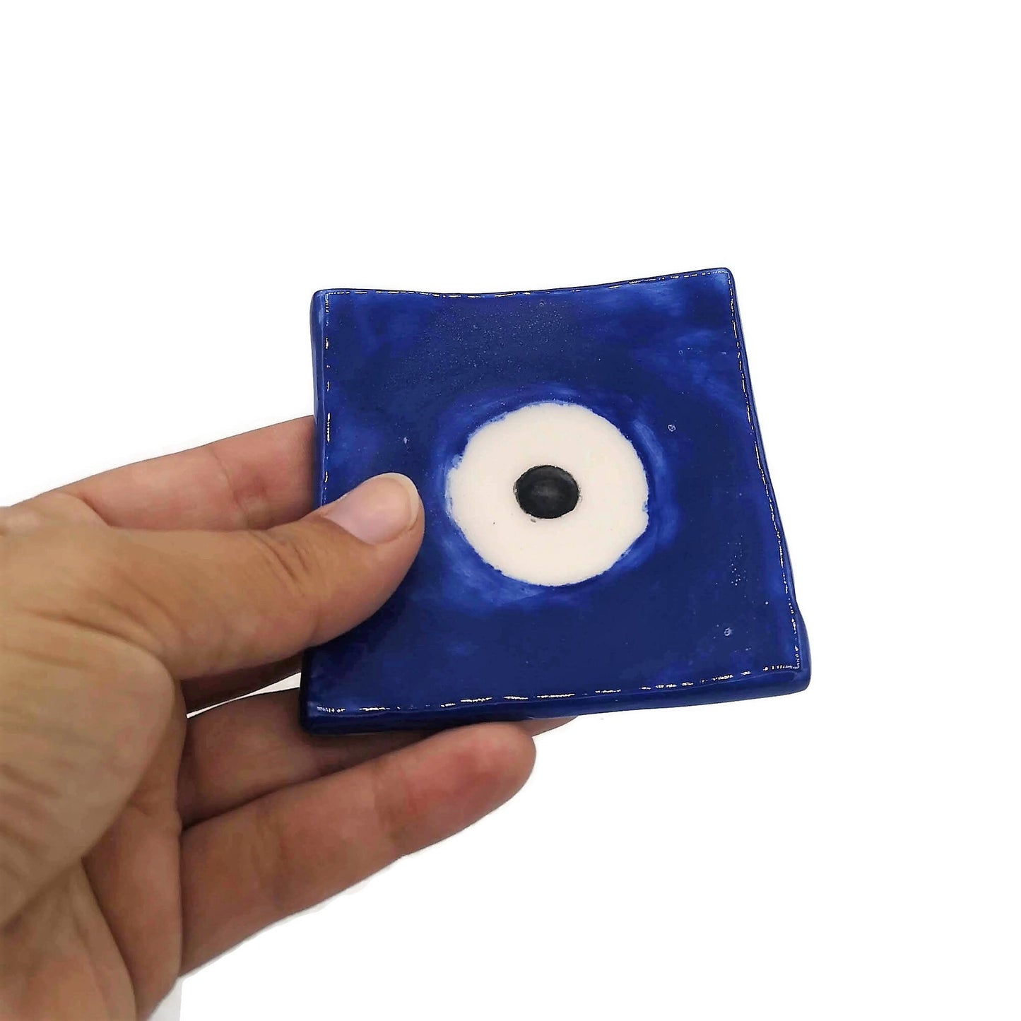 Handmade Ceramic Ring Holder,Blue Evil Eye Plate, Small Trinket Dish For Bridal Shower Favors, Eye Candle Holder - Ceramica Ana Rafael
