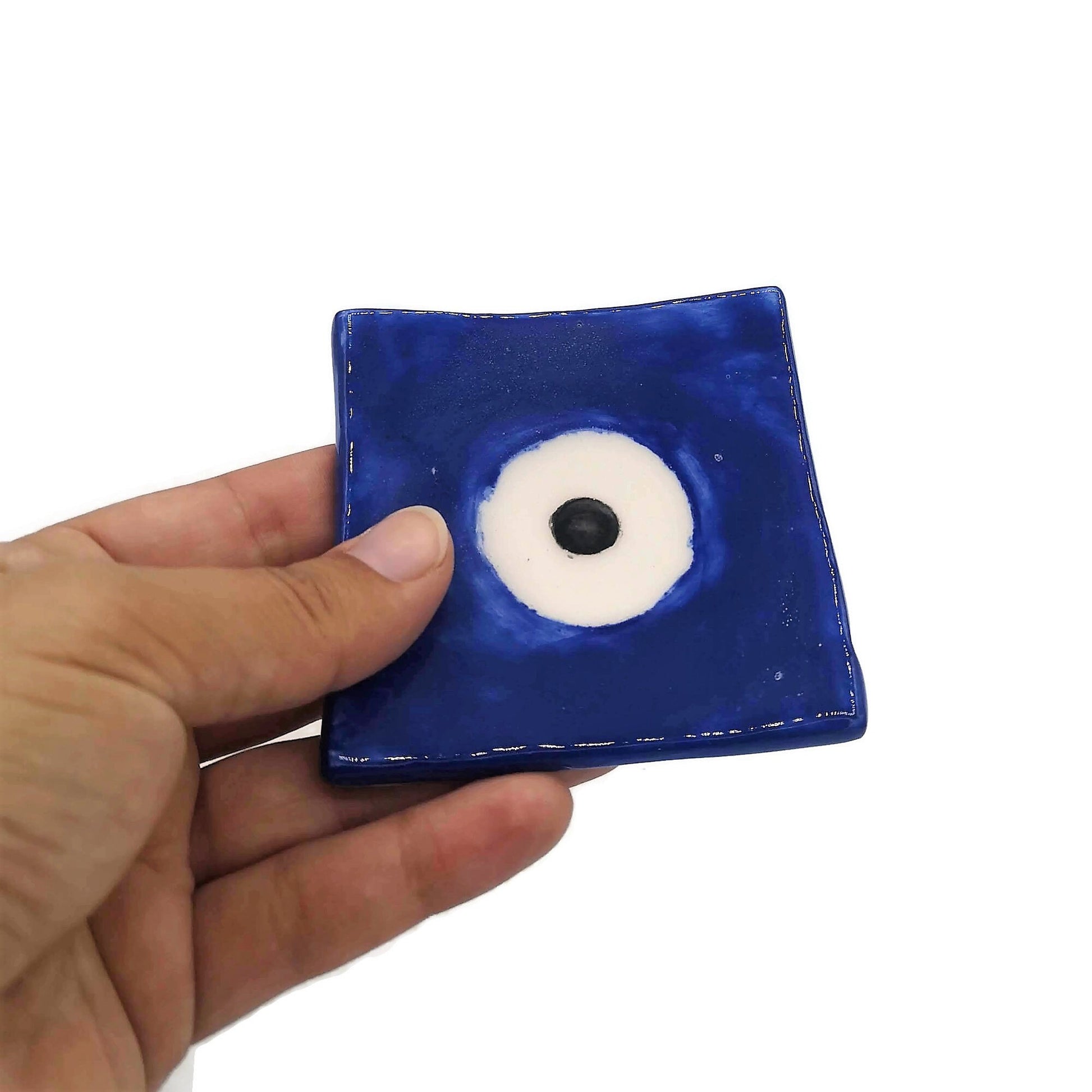 Handmade Ceramic Ring Holder,Blue Evil Eye Plate, Small Trinket Dish For Bridal Shower Favors, Eye Candle Holder - Ceramica Ana Rafael