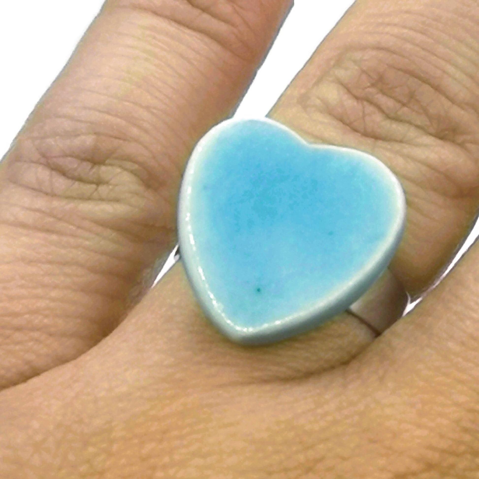 Handmade Ceramic Turquoise Blue Heart Statement Ring For Women, Stainless Steel Adjustable Ring, Porcelain 9th Anniversary Gifts For Her - Ceramica Ana Rafael