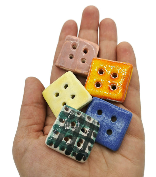 5Pc 30mm Extra Large Sewing Buttons Square Shape 4 Holes Flat Back, Unique Colorful Handmade Ceramic Buttons With Hand Painted Glossy Glaze - Ceramica Ana Rafael