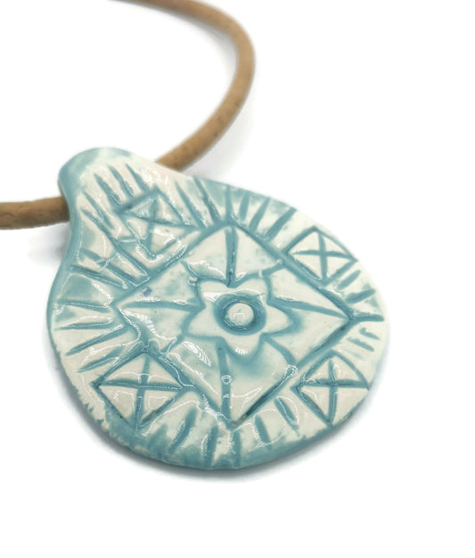 Handmade Ceramic Turquaise Blue Large Necklace Pendant For Statement Jewelry Making, Jumbo Clay Charms Textured With Geometric Motifs - Ceramica Ana Rafael