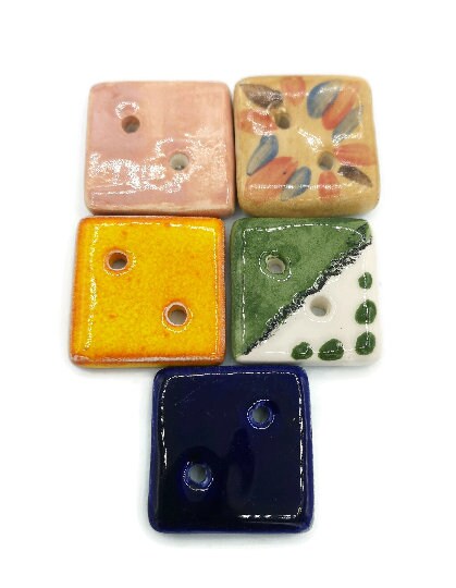 5Pc 30mm Handmade Ceramic Square Sewing Buttons For Crafts, 2 Hole Hand Painted Coat Buttons, Flat Back Button Lot, Blouse Buttons Flatback - Ceramica Ana Rafael