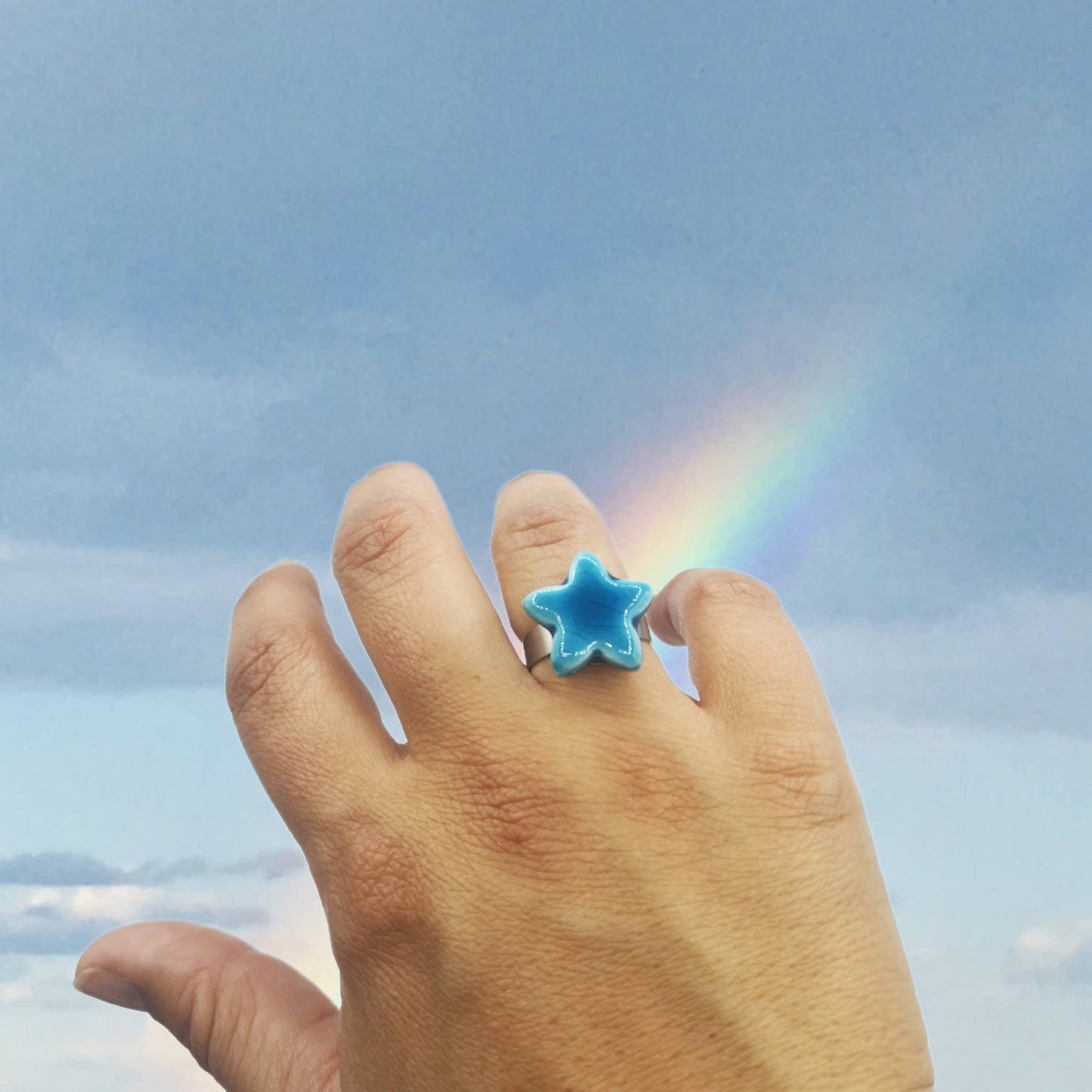 Handmade Ceramic Blue Star Ring For Women, Stainless Steel Adjustable Ring, Porcelain Best 9th Anniversary Gifts For Her, Unique Chunky Ring - Ceramica Ana Rafael