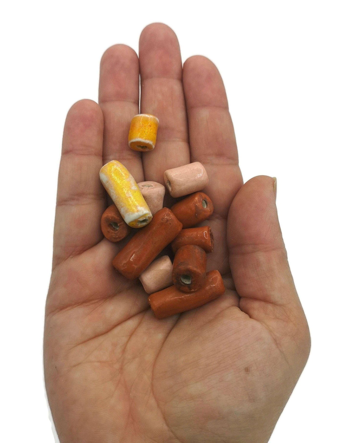 11Pc 12 to 25mm Long Handmade Ceramic Skinny Tube Beads, Mixed Jewelry Making Unique Clay Beads For Crafts, Artisan Macrame Beads Large Hole