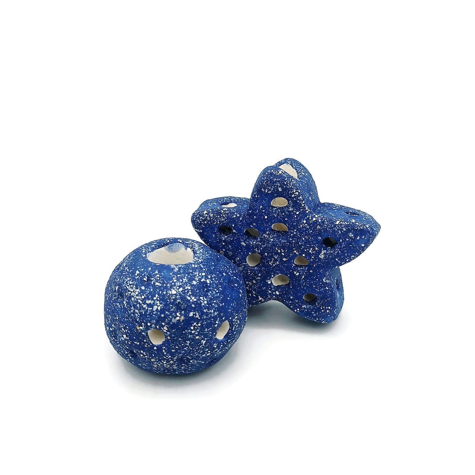 Extra Large Ceramic Beads, Giant Macrame Beads, Round Ball And Star Ornaments, Large Hole Beads Handmade, Sparkly Blue Focal Point Beads - Ceramica Ana Rafael