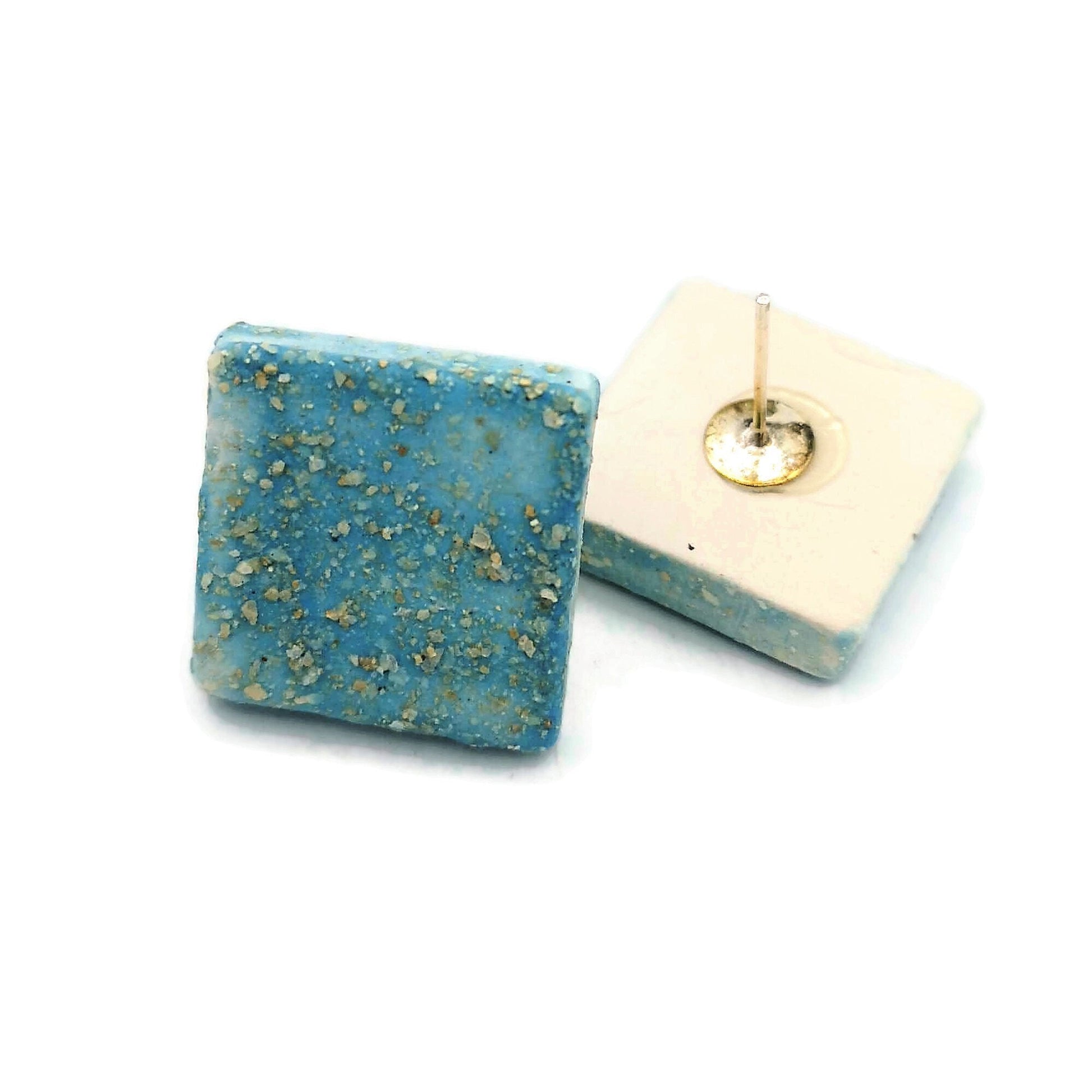 CLAY STUD EARRINGS, Geometric Earrings, Turquoise Studs, Sparkling Blue Designer Earrings, Easter Basket Stuffer Best Gifts For Her - Ceramica Ana Rafael