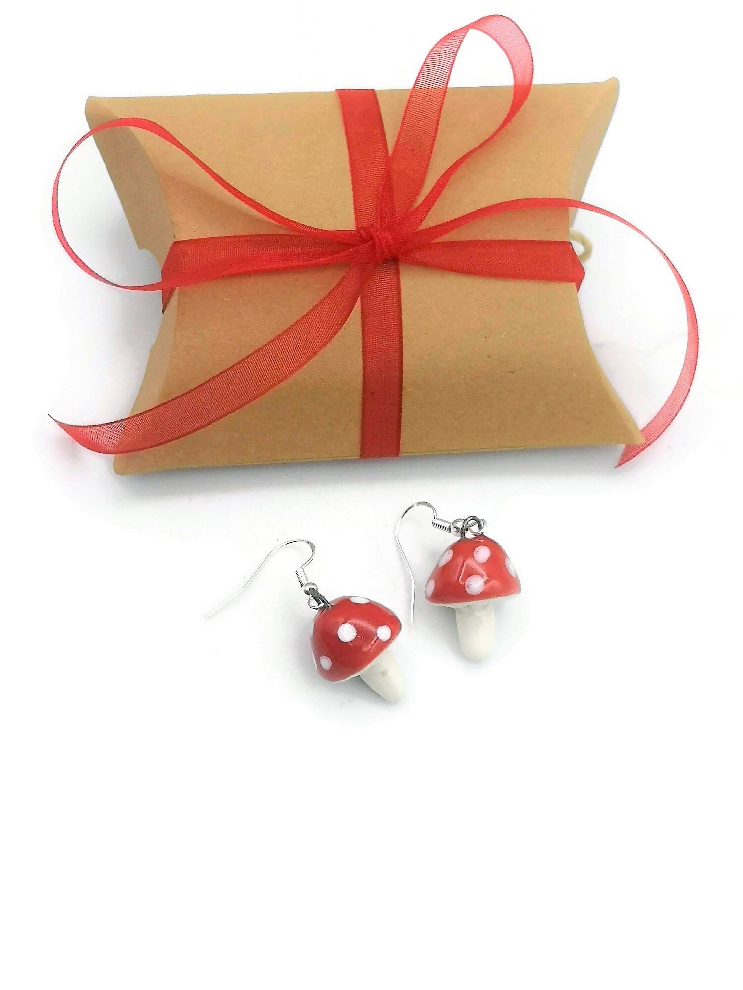 Handmade Ceramic Red Mushroom Earrings For Women, Cottagecore Artisan Jewelry Gift For Her, Best Boho Sterling Silver Cute Dangle Earrings - Ceramica Ana Rafael