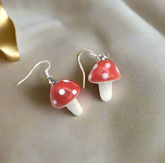 Handmade Red Mushroom Earrings for Women – Cute Ceramic Dangle Earrings | Boho Fairy Jewelry Gift