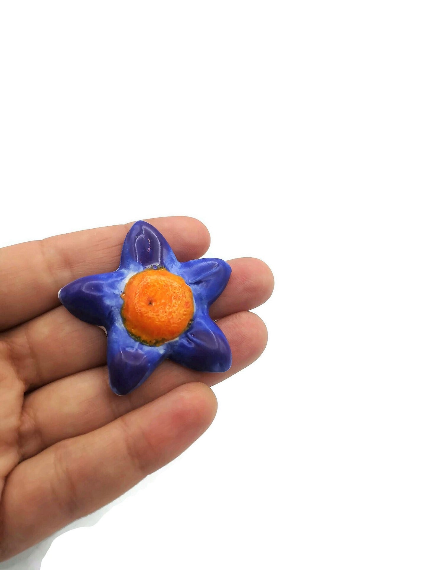 Large Flower Brooch For Women, Celestial Statement Brooch, Handmade Ceramic Star Jewelry For Her, Orange And Blue Broach Pin - Ceramica Ana Rafael