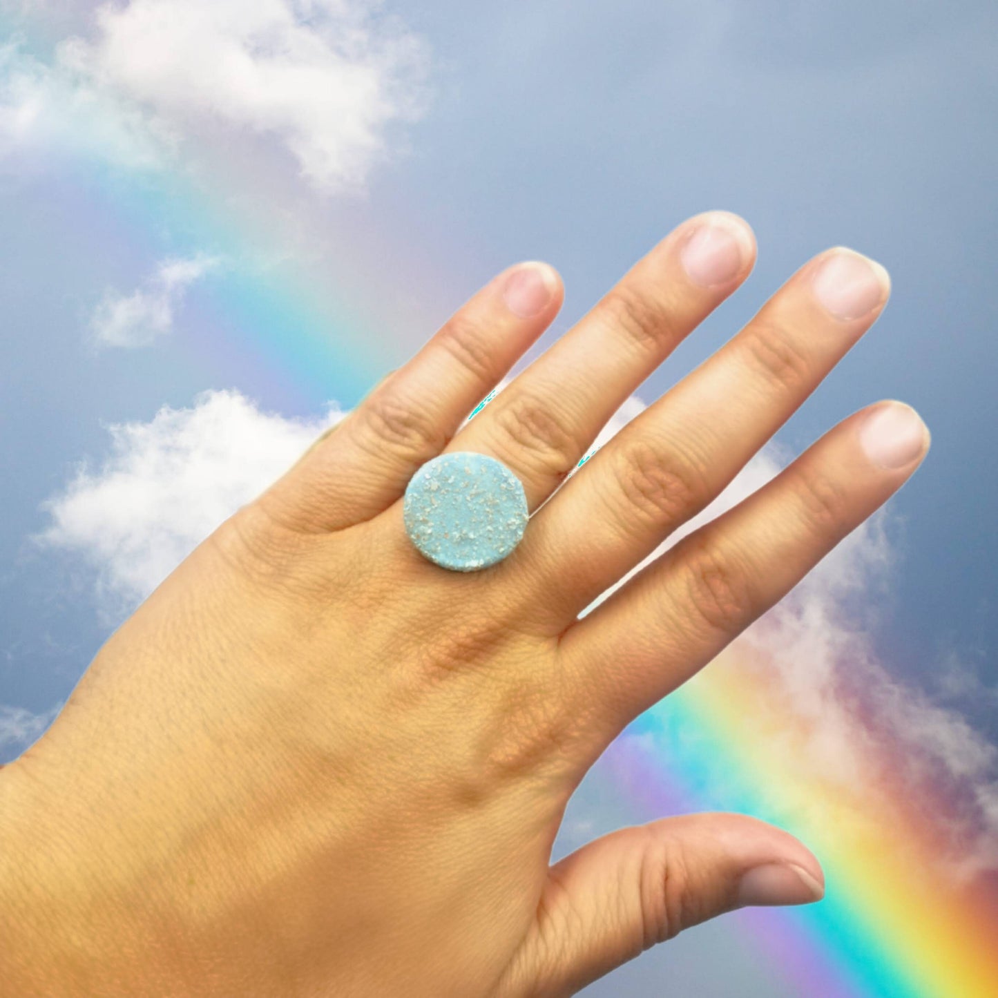 Handmade Ceramic Sparkly Turquoise Blue Ring For Women, Unique Stainless Steel Adjustable Ring, Porcelain Best 9th Anniversary Gifts For Her - Ceramica Ana Rafael