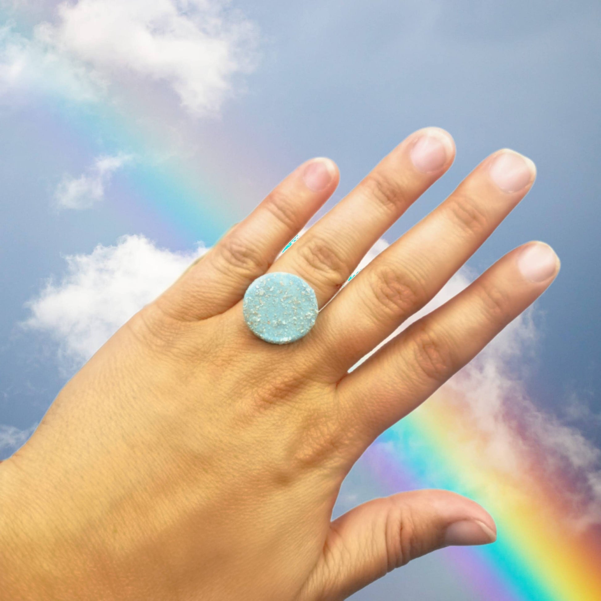 Handmade Ceramic Sparkly Turquoise Blue Ring For Women, Unique Stainless Steel Adjustable Ring, Porcelain Best 9th Anniversary Gifts For Her - Ceramica Ana Rafael