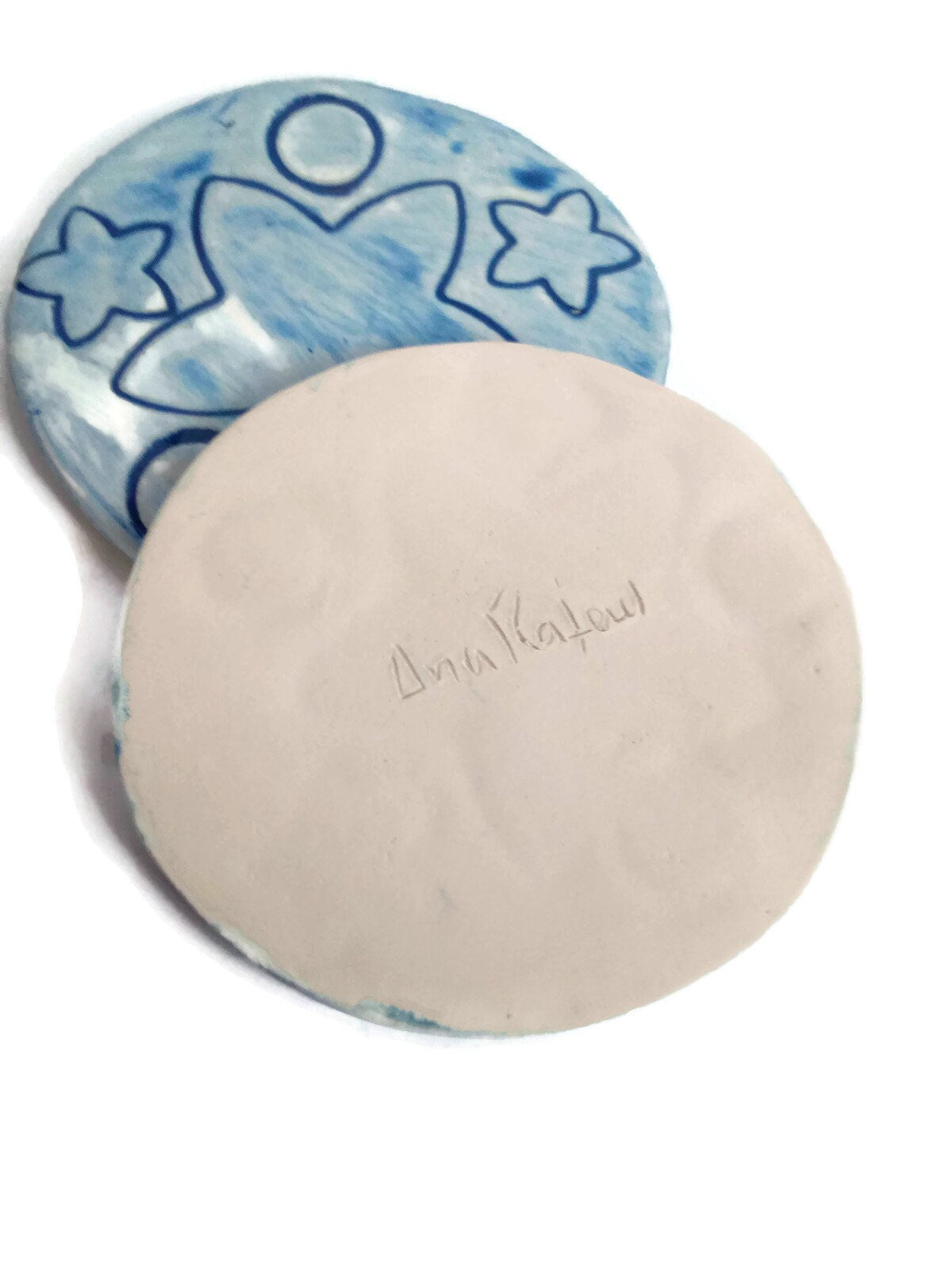 3Pc Blue Handmade Ceramic Coaster Tiles With Stars Design For Office Desk, Modern Celestial Style Coasters With Cork Back - Ceramica Ana Rafael