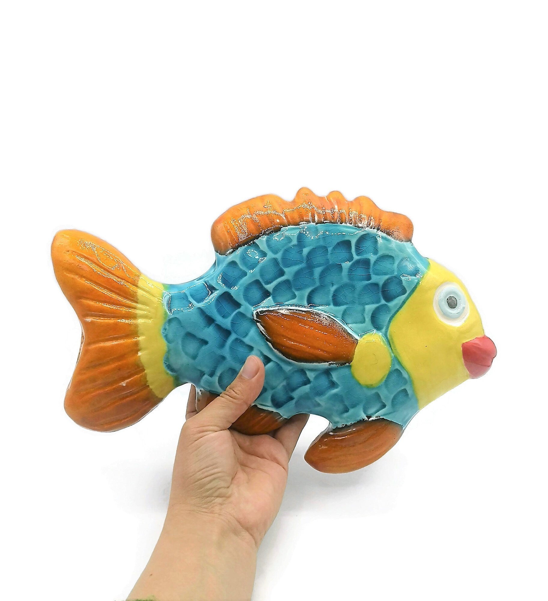 Handmade Ceramic Fish Wall Hanging, Hand Painted Colorful Artisan Pottery Wall Decor Beach Themed, Unique Ocean Wall Art For Home Decor - Ceramica Ana Rafael