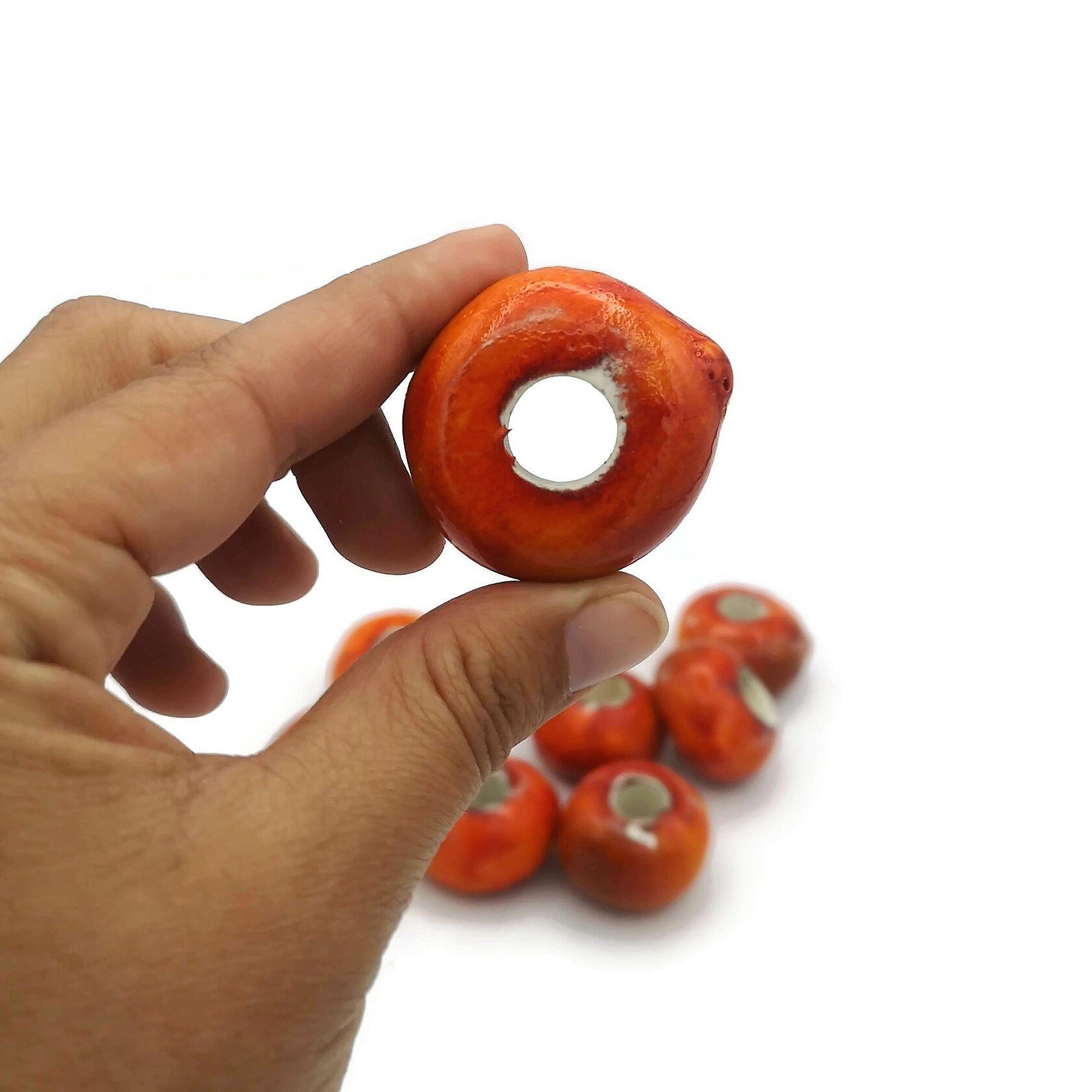 8Pc Large Hole Beads, Handmade Ceramic Macrame Beads Extra Large 40mm Diameter - Ceramica Ana Rafael