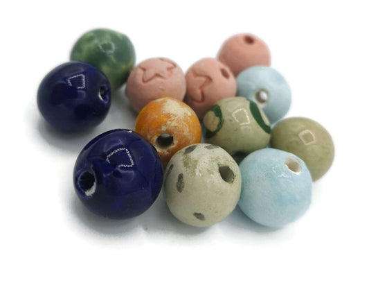 12Pc Handmade Ceramic Beads For Jewelry making, Round Mixed Clay Beads For Crafts,Decorative Macrame Beads Large Hole 2mm, Assorted Beads