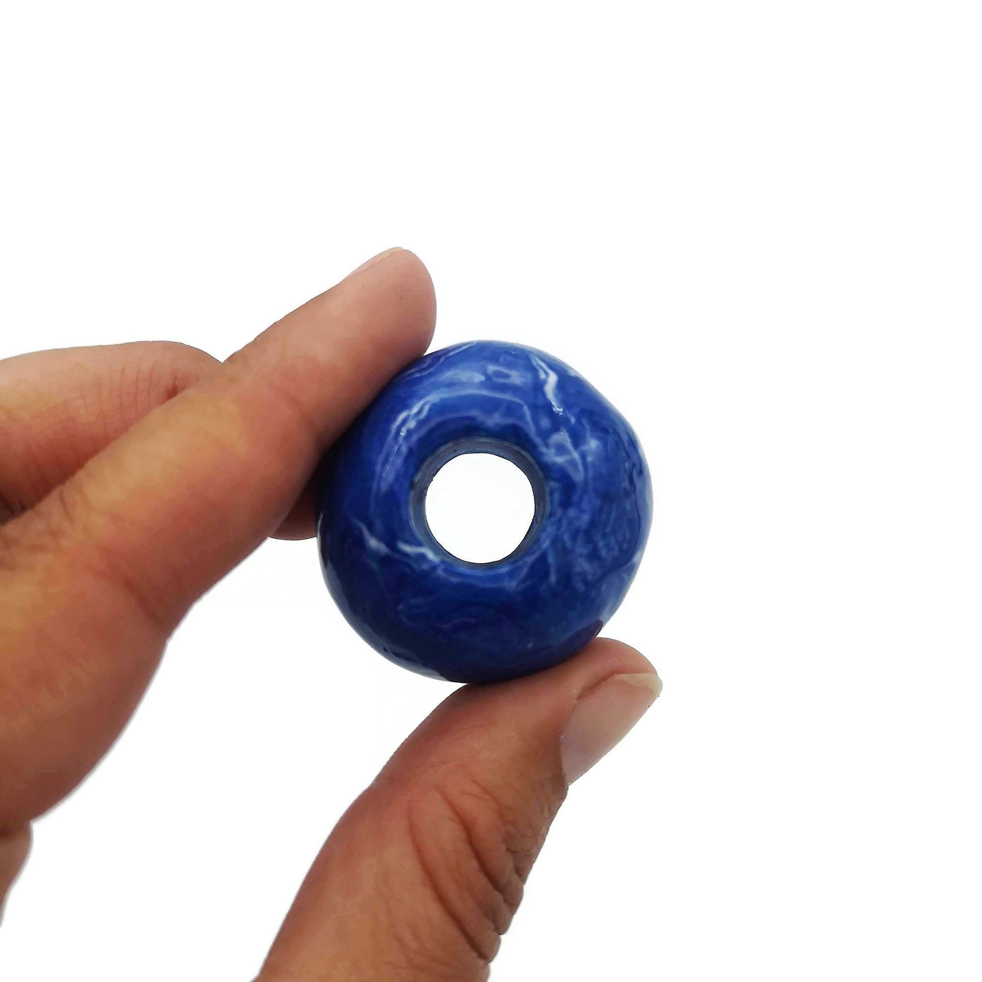 5Pc Large Ceramic Beads For Macrame and Statement Jewelry Making, Marbled White and Blue Clay Beads With Large Holes - Ceramica Ana Rafael