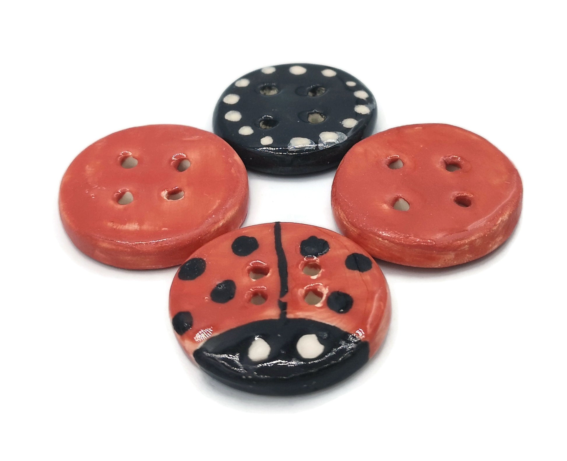 Decorative Buttons Handmade Ceramics, Set Of 4 Round Shape Red Ladybug Buttons Cute, Best Sellers 2022 Extra Large Buttons, Big Buttons - Ceramica Ana Rafael