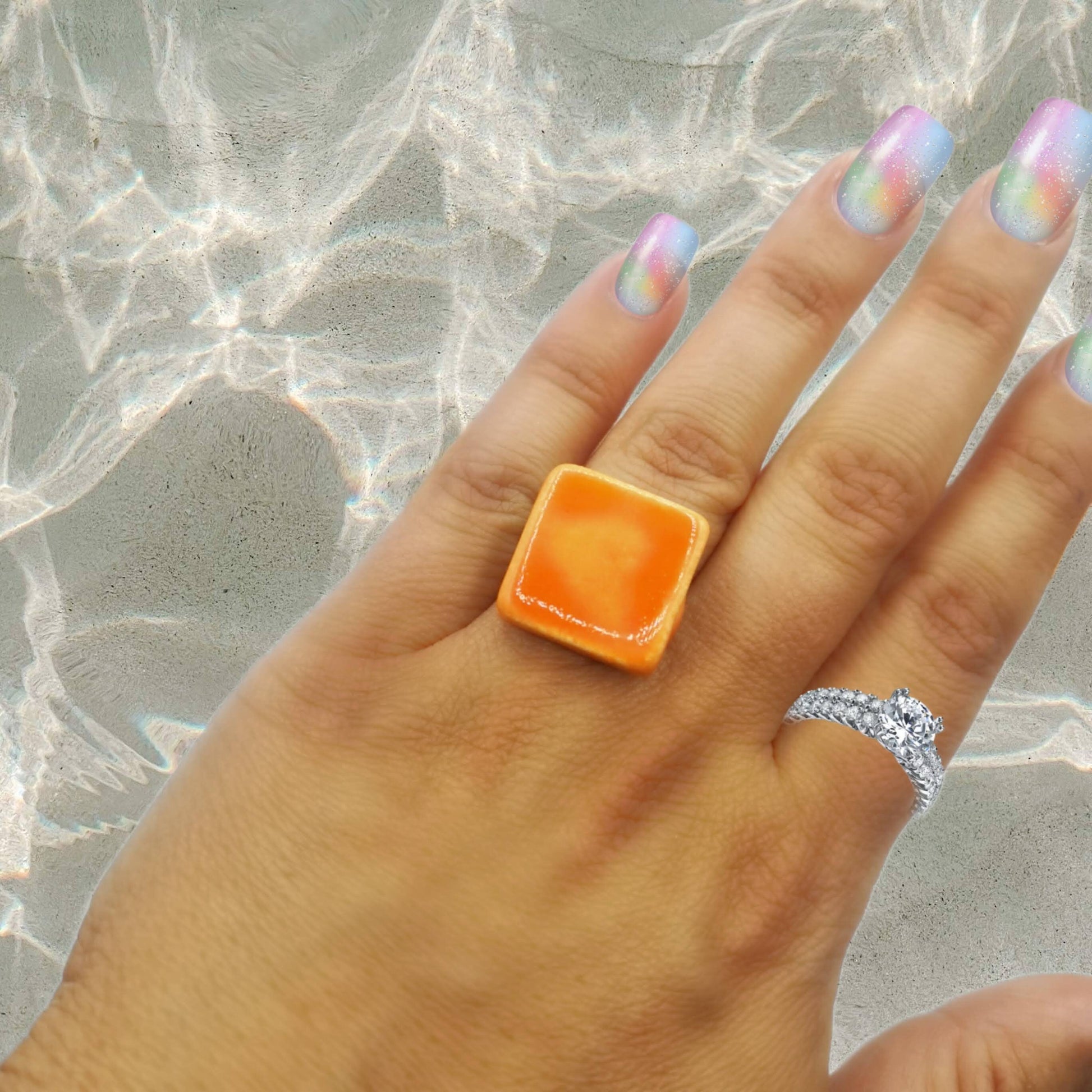 Handmade Ceramic Geometric Ring For Women, Stainless Steel Adjustable Ring, Porcelain Best 9th Anniversary Gifts For Her, Unique Chunky Ring - Ceramica Ana Rafael