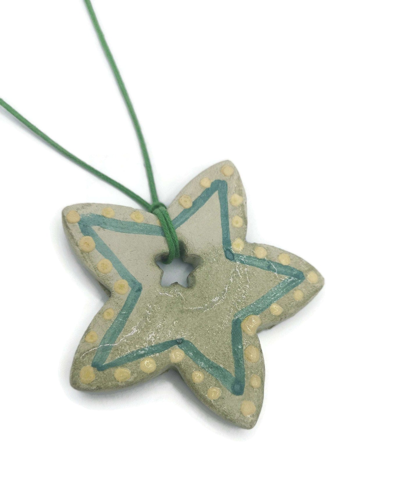 1Pc Extra Large 60mm Green Star Handmade Ceramic Necklace Pendant for Unique Jewelry Making, Hand Painted Clay Charms For Women Fashion