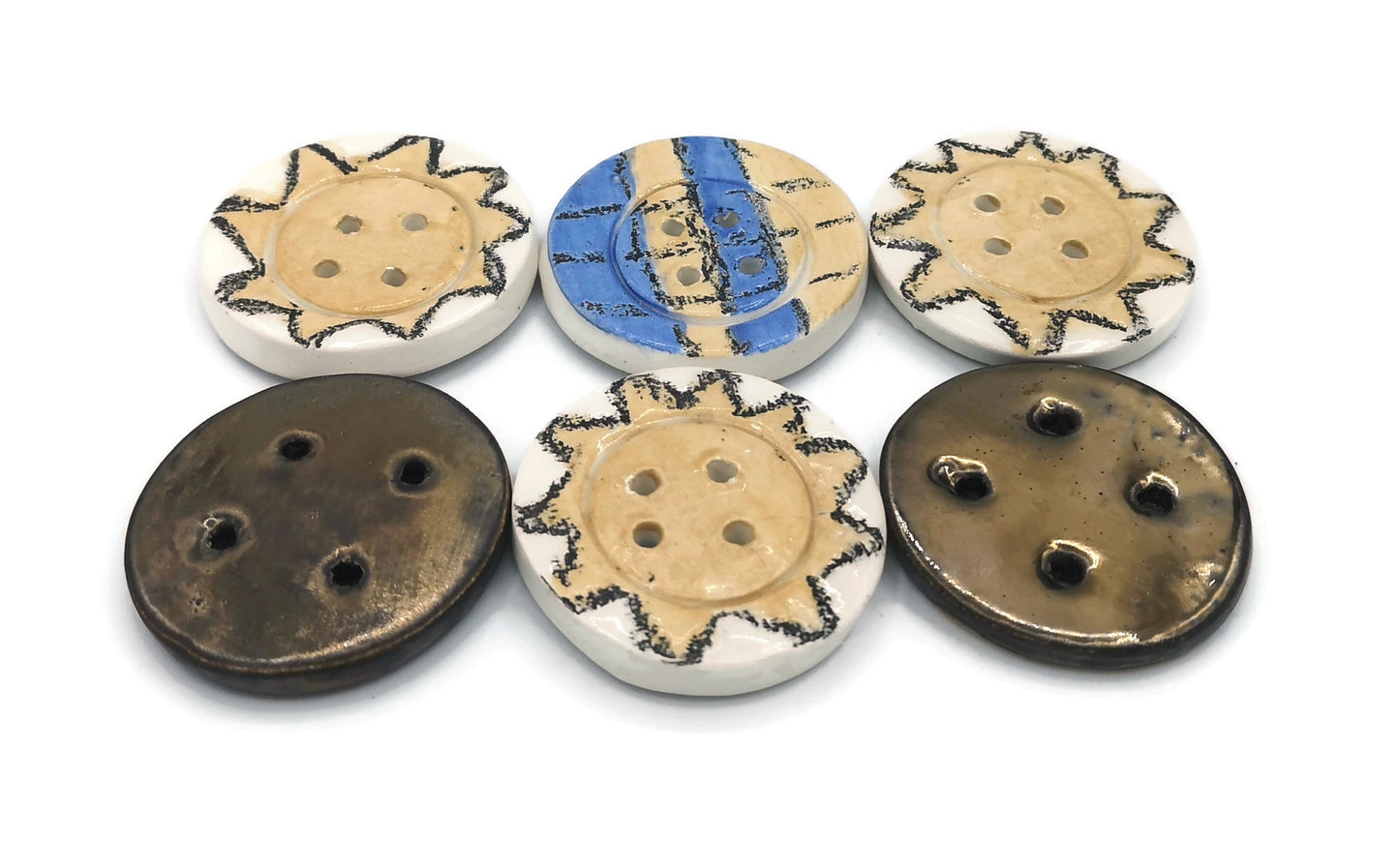 Set Of 6 Hand Painted Flat Buttons, Sun Buttons Sewing Supplies And Notions, Handmade Ceramic Strange And Unusual Metal Buttons - Ceramica Ana Rafael