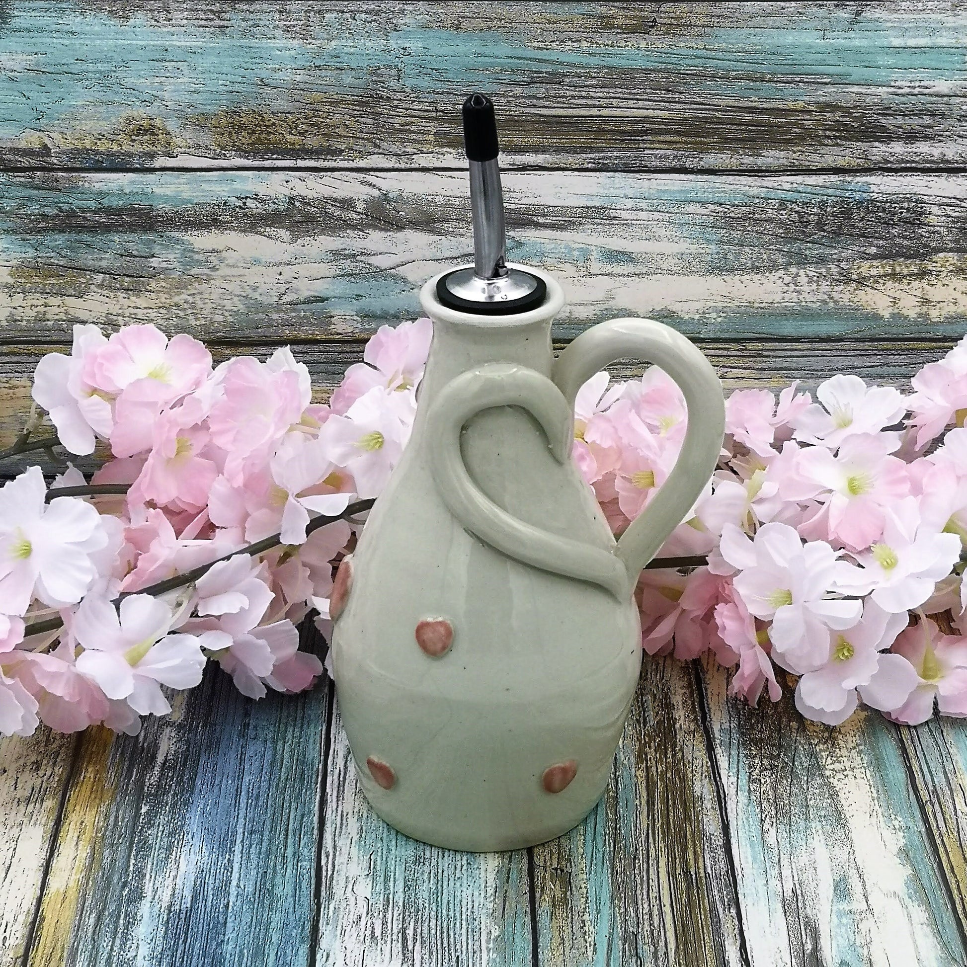 Handmade Ceramic Beige With Pink Hearts Olive Oil Dispenser, Stoneware Pottery Olive Oil Cruet, Decorative Bottles, Mothers Day Cooking Gift - Ceramica Ana Rafael