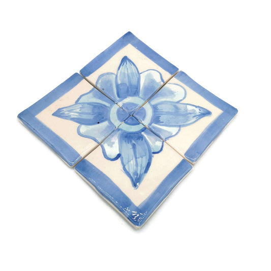 15cm/5.9in Handmade Ceramic Blue And White Tile Panel With Hand Painted Floral Motif, Square Mosaic Panel Kitchen Backsplash Portuguese Tile