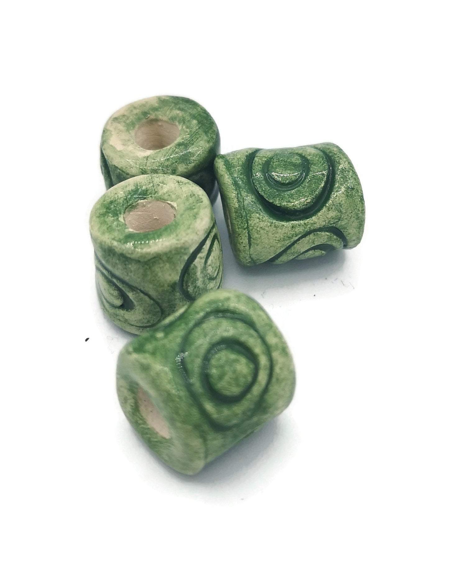 4Pc 15mm Green Macrame Tube Beads Large Hole, Barrel Beads For Jewelry Making, Handmade Ceramic Beads For Decorating Or Crafting, Clay Beads - Ceramica Ana Rafael