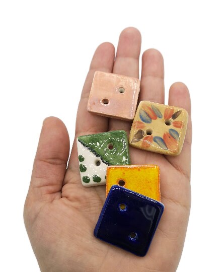 5Pc 30mm Handmade Ceramic Square Sewing Buttons For Crafts, 2 Hole Hand Painted Coat Buttons, Flat Back Button Lot, Blouse Buttons Flatback - Ceramica Ana Rafael
