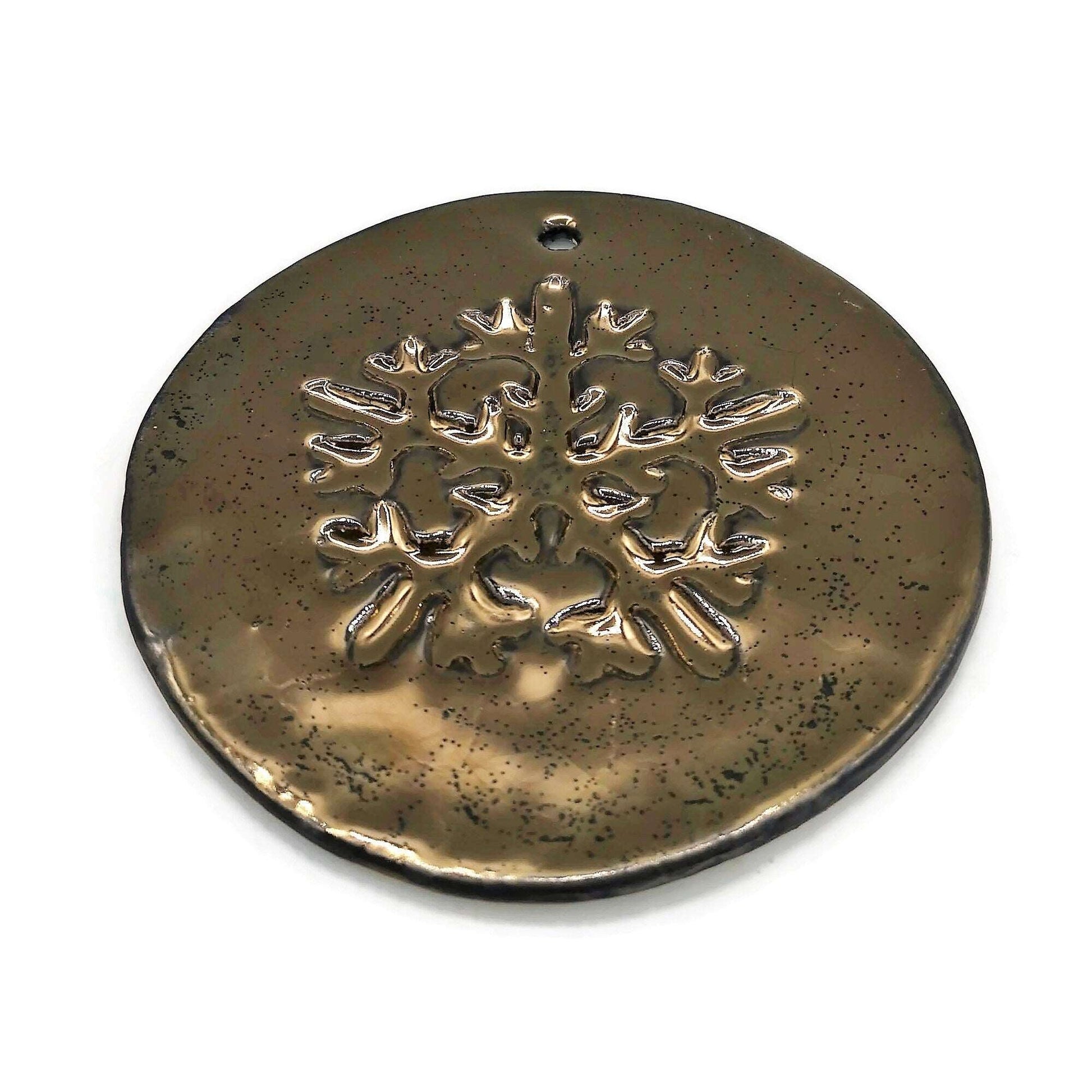 1Pc Golden Handmade Ceramic Snowflake Ornament, Metal Look Christmas Tree Decoration, Gift Idea