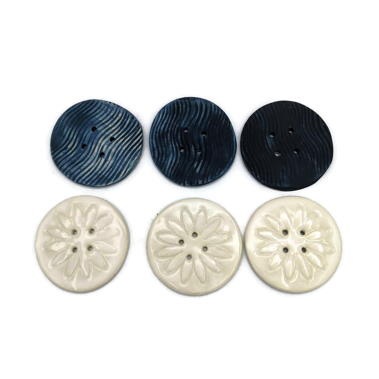 6Pc 65mm Giant Sewing Buttons, Handmade Ceramic Coat Buttons With Flower And Waves Design, Decorative Novelty Buttons for Crafts Extra Large - Ceramica Ana Rafael