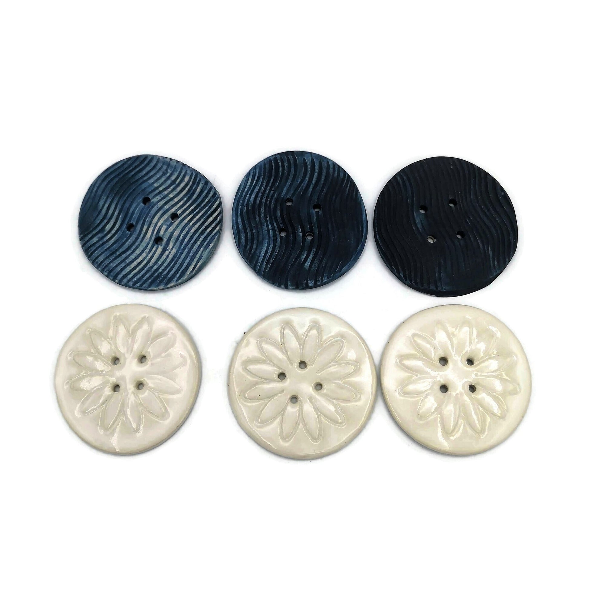6Pc 65mm Giant Sewing Buttons, Handmade Ceramic Coat Buttons With Flower And Waves Design, Decorative Novelty Buttons for Crafts Extra Large - Ceramica Ana Rafael