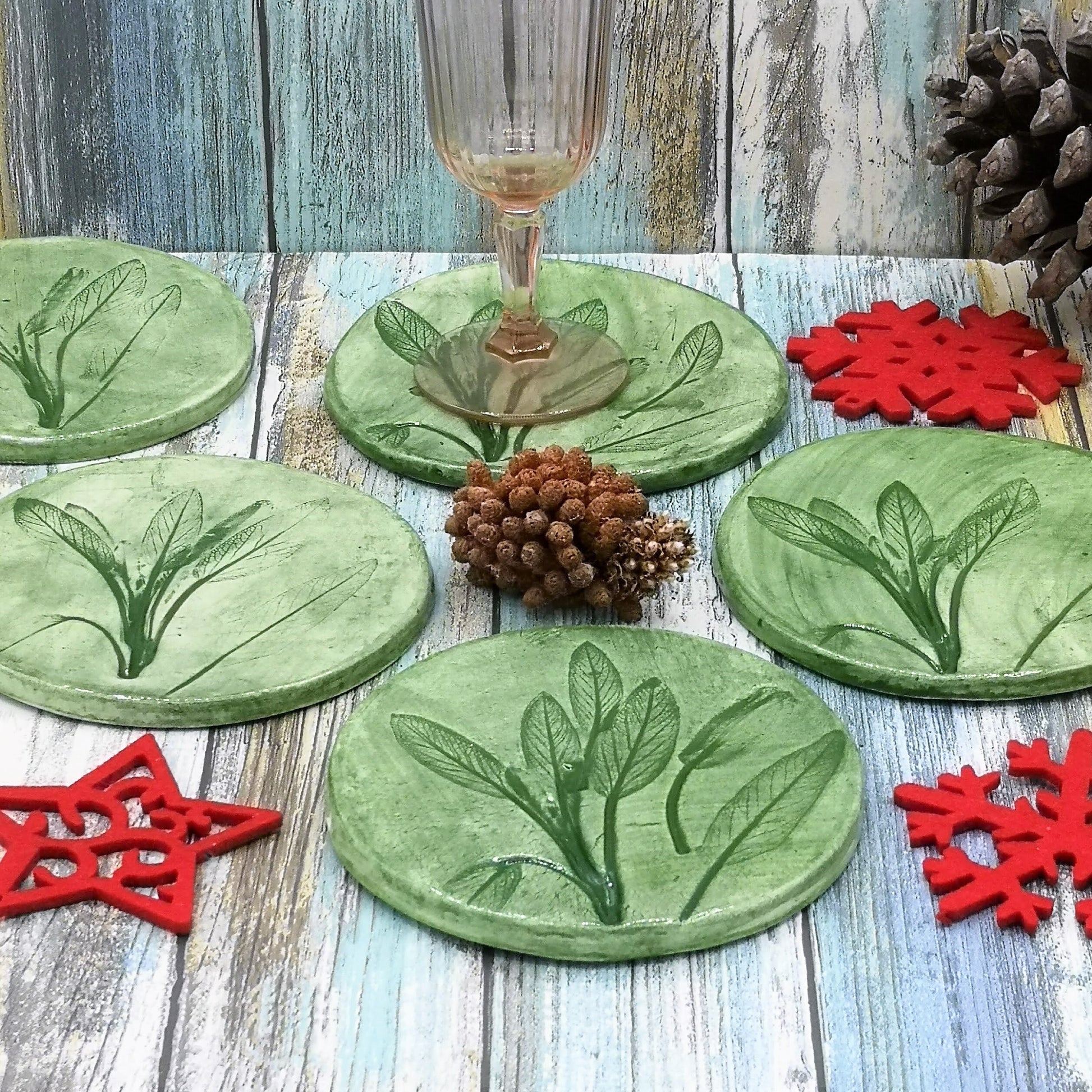 3Pcs Round Botanical Handmade Ceramic Coasters Set, Green Modern Coffee Coaster For Office Desk Accessories, Housewarming Gift For Men - Ceramica Ana Rafael