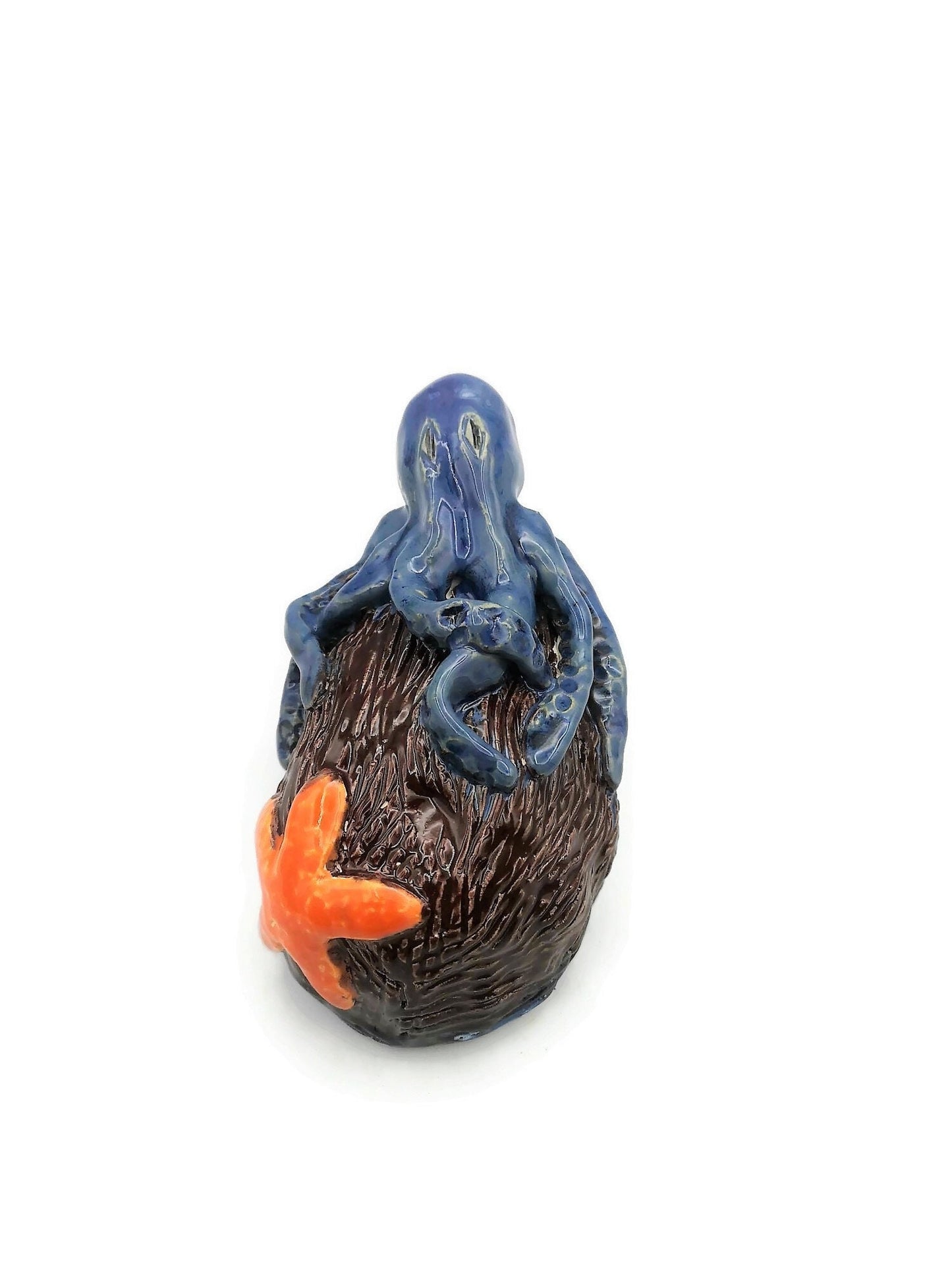 Handmade Blue Ceramic Octopus And Orange Starfish Sculpture, Modern Contemporary Coastal Home Decor For Table or Shelf - Ceramica Ana Rafael