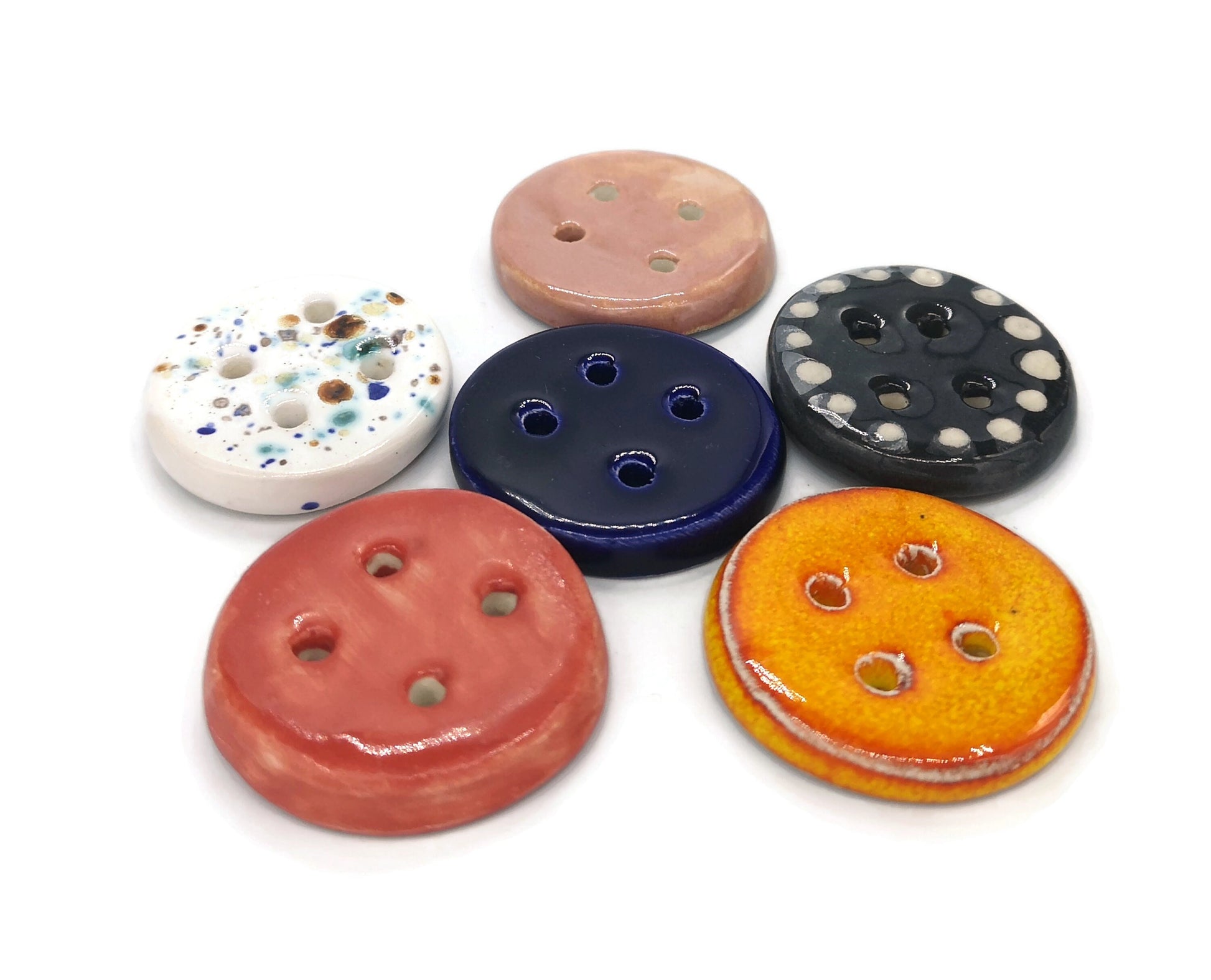 6Pc 40mm Glazed Extra Large Clay Sewing Buttons, Assorted Handmade Ceramic Buttons, Unique Strange And Unusual 4-hole Flat Back Buttons - Ceramica Ana Rafael