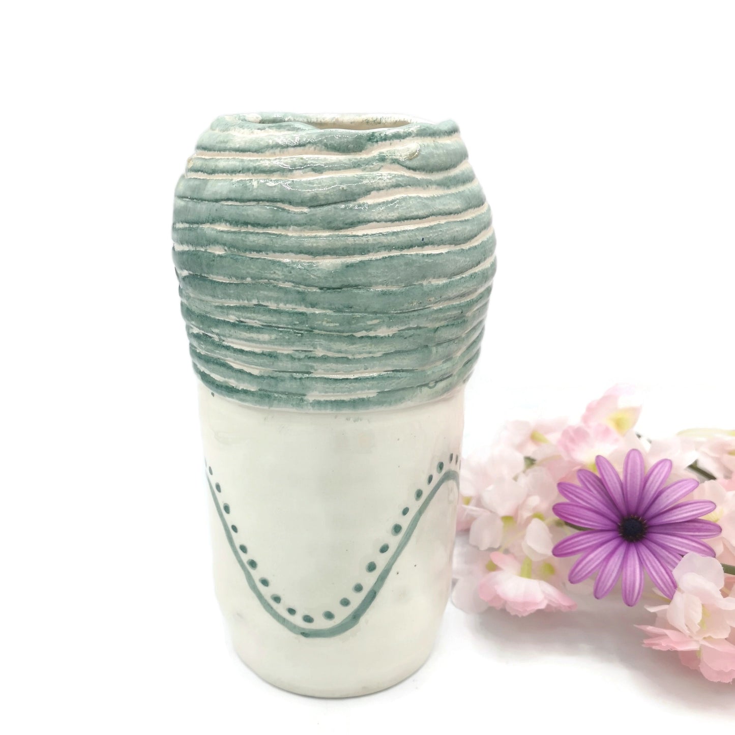 Handmade Ceramic Vase Hand Painted Sage Green Pottery For Home Decor, Portuguese Tall Vase With Texture To Put Fresh Flowers - Ceramica Ana Rafael